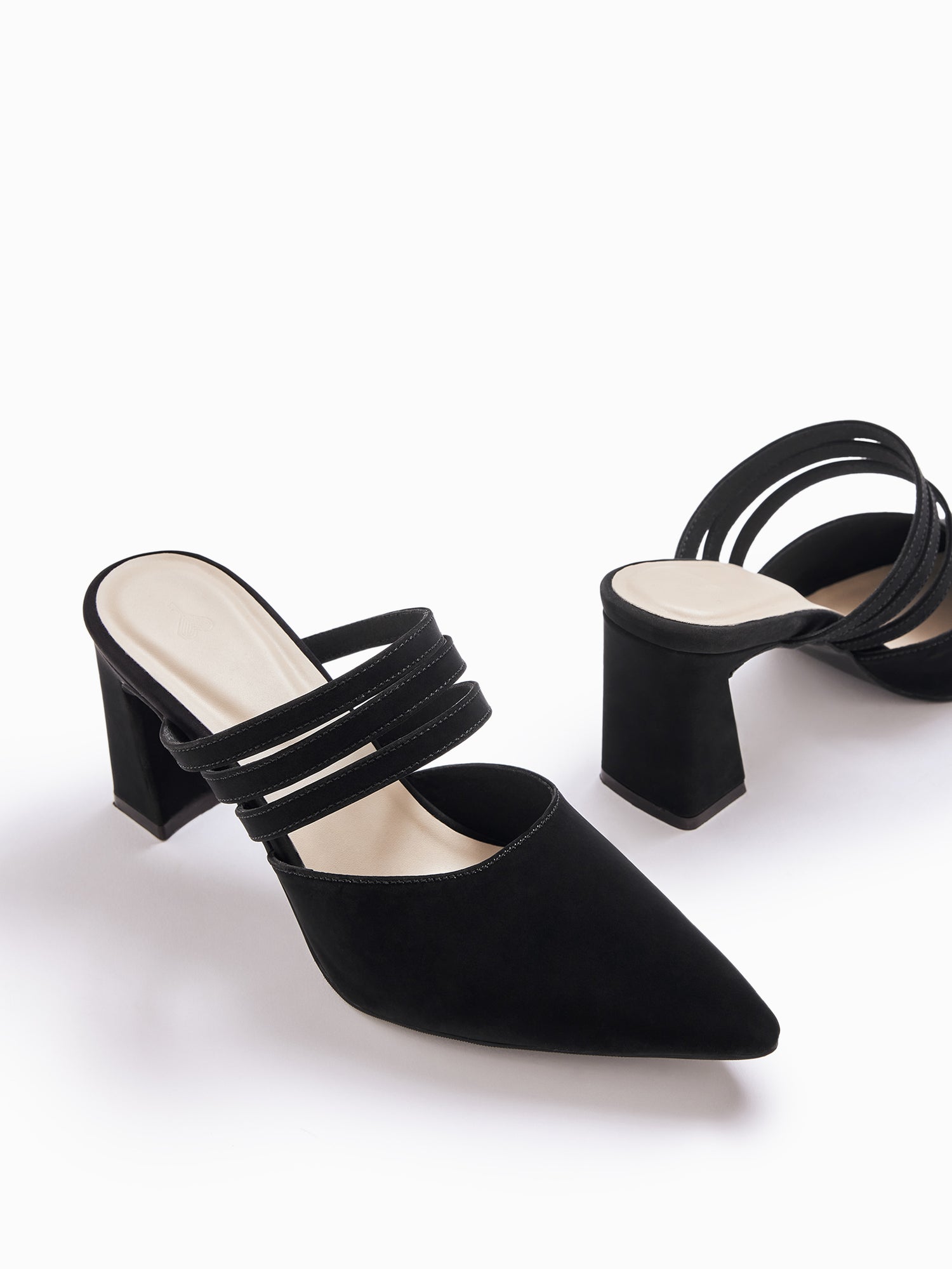 Black Triple Strap Pointed Toe Heels