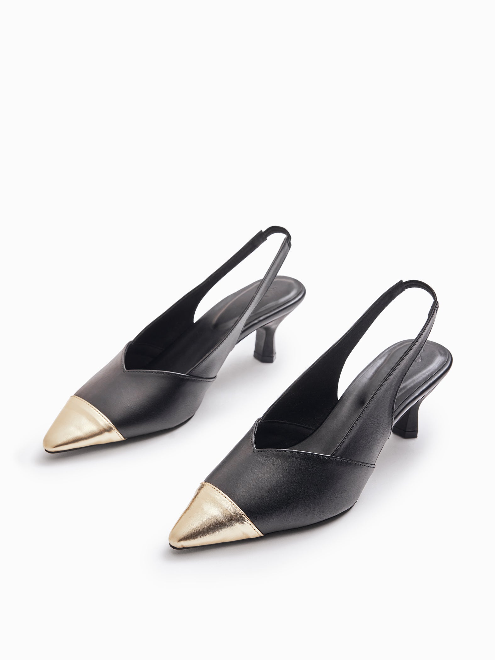 Black & Gold Pointed Toe Kitten Heels