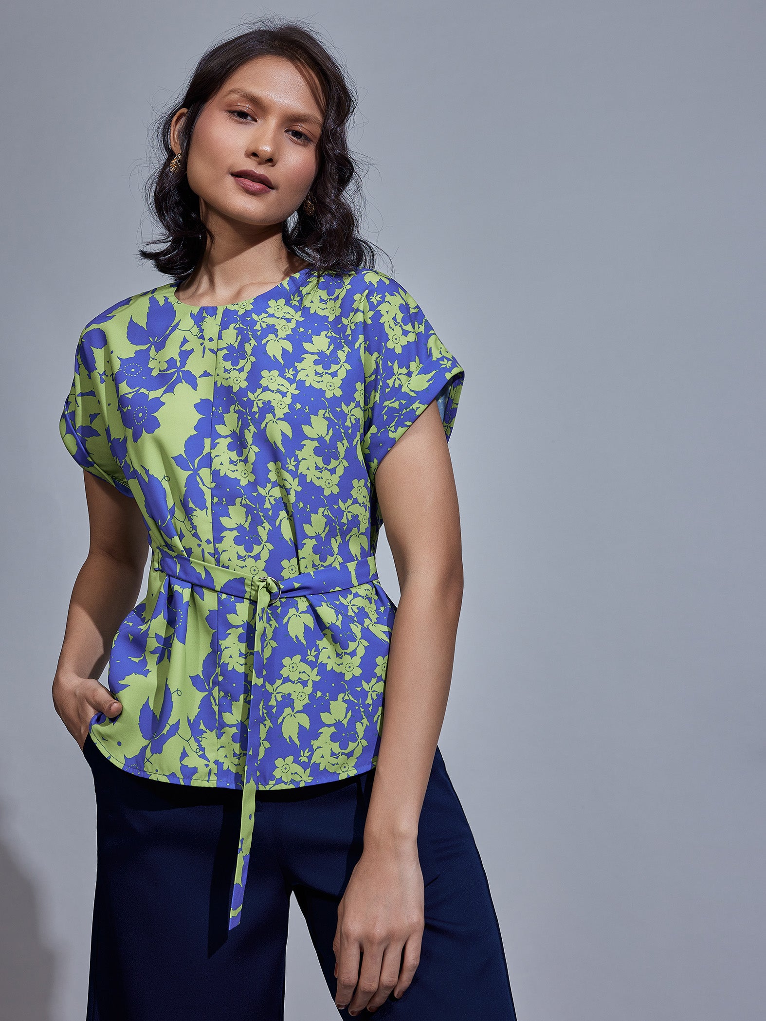 Blue & Pear Floral Print Belted Top