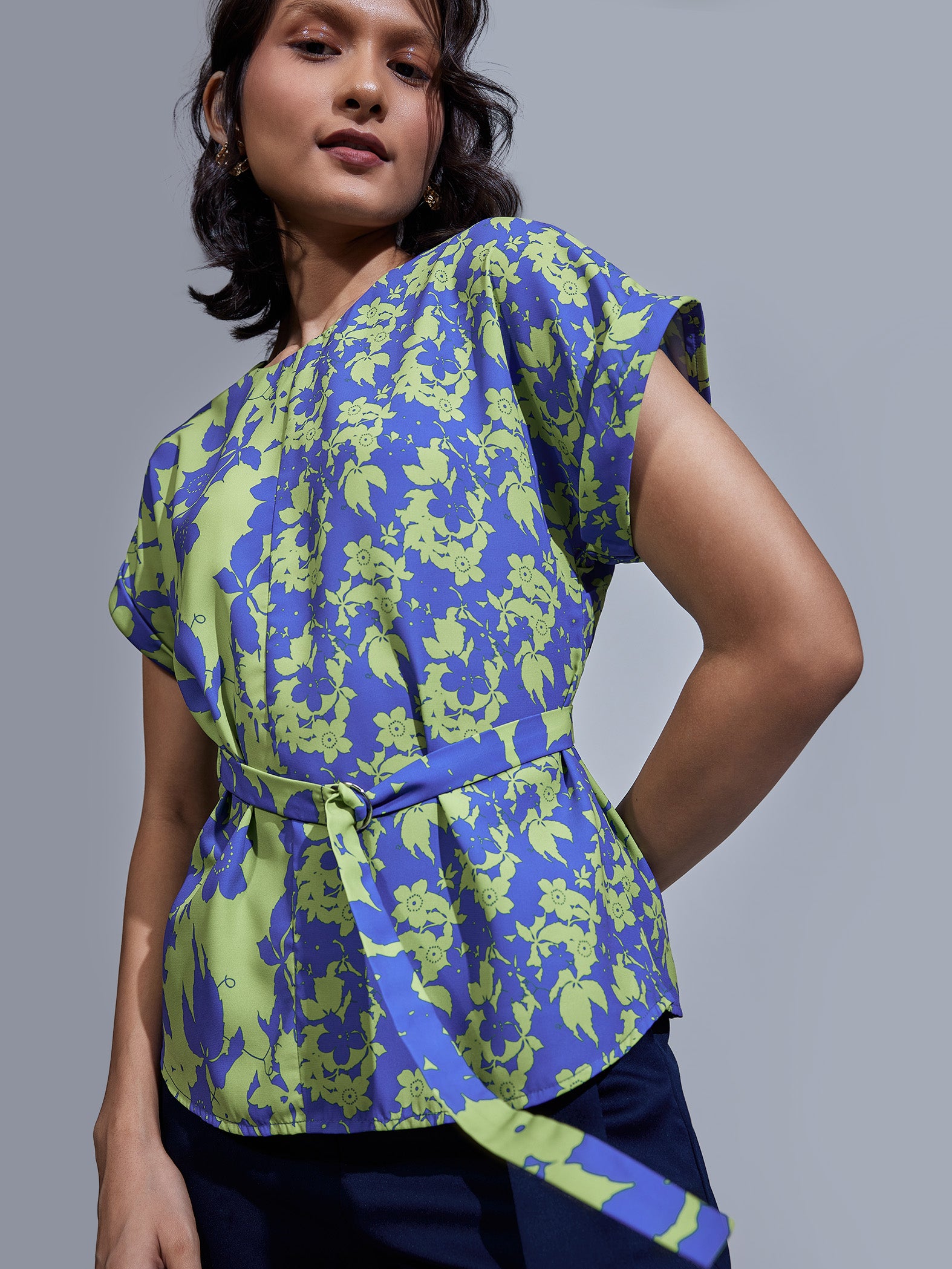 Blue & Pear Floral Print Belted Top
