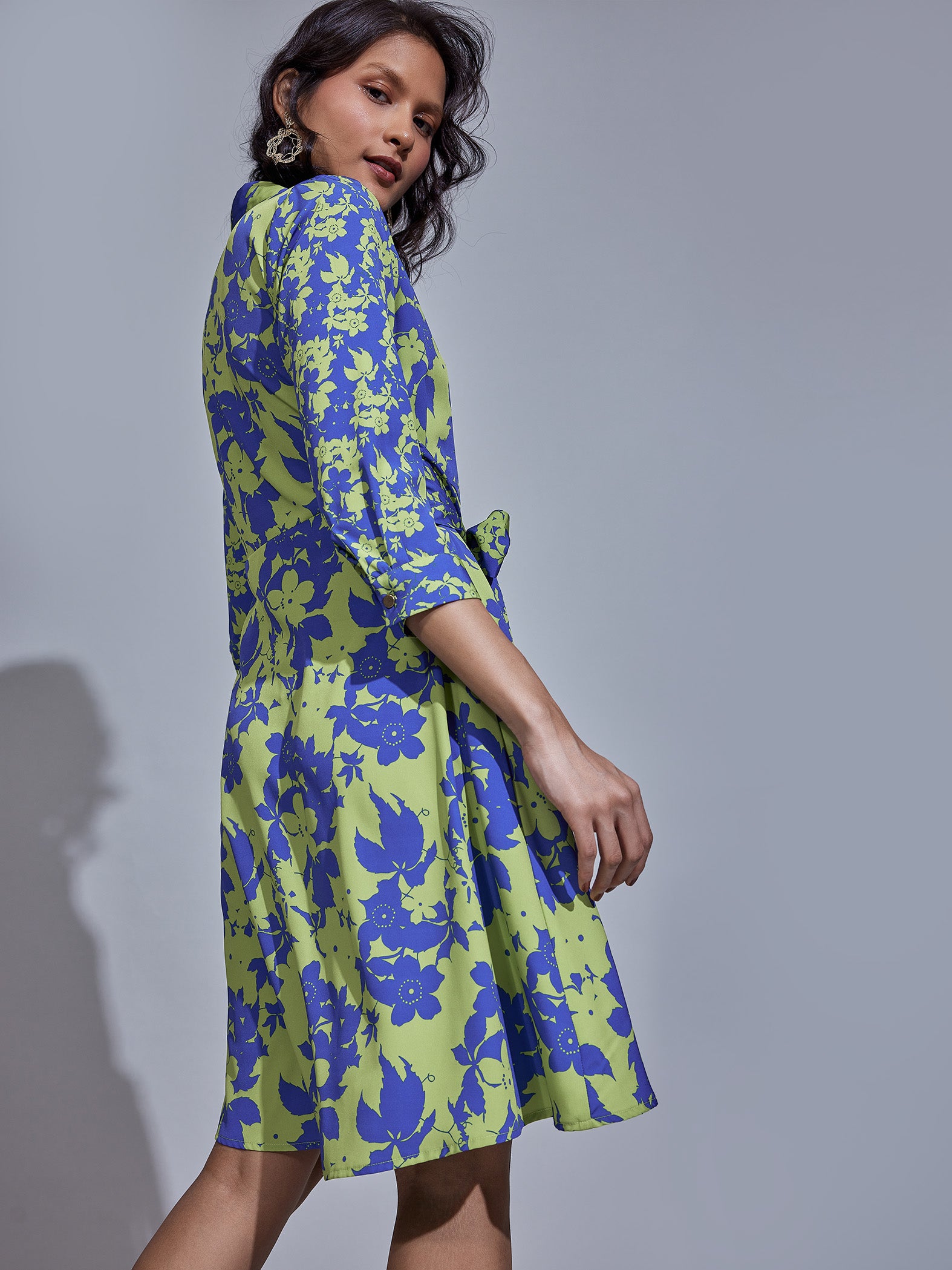 Blue & Pear Floral Print Shirt Dress