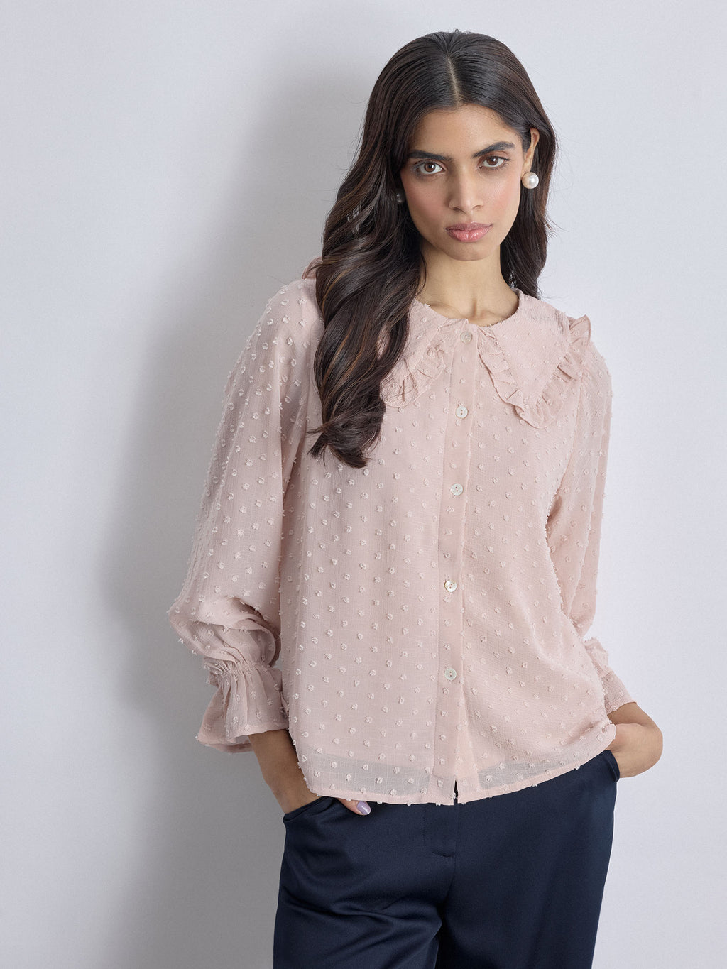Blush Dobby Ruffled Collar Shirt