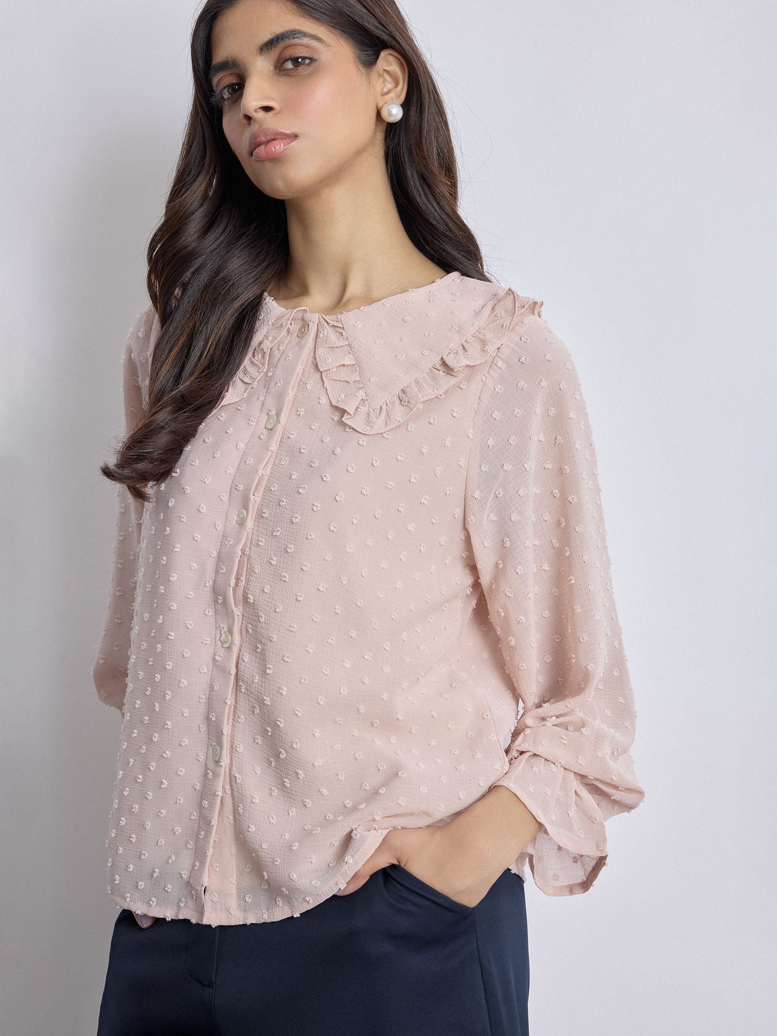 Blush Dobby Ruffled Collar Shirt