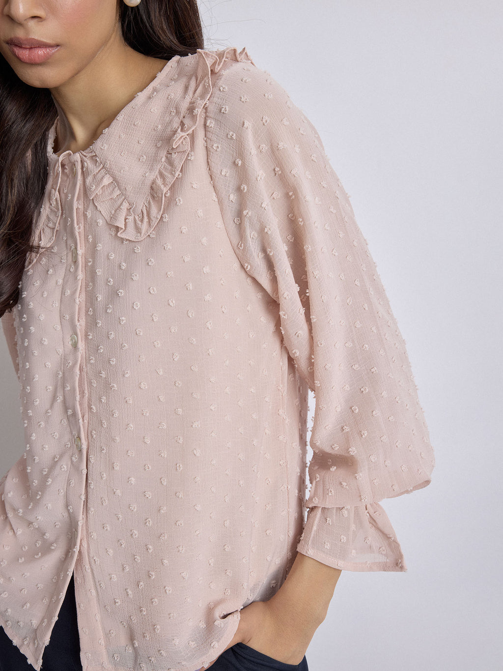 Blush Dobby Ruffled Collar Shirt