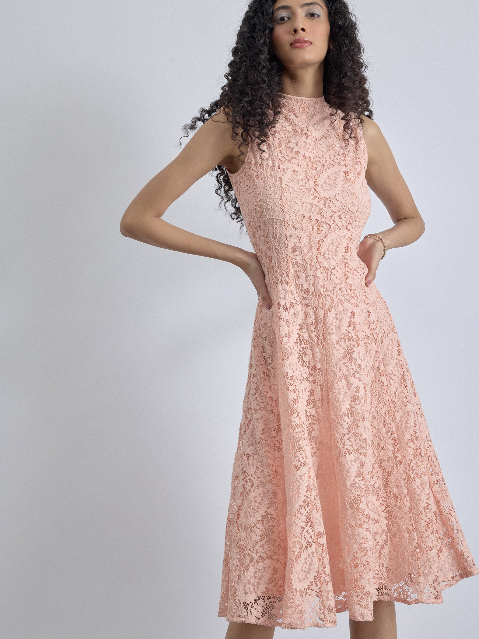 Blush Lace Panelled Midi Dress