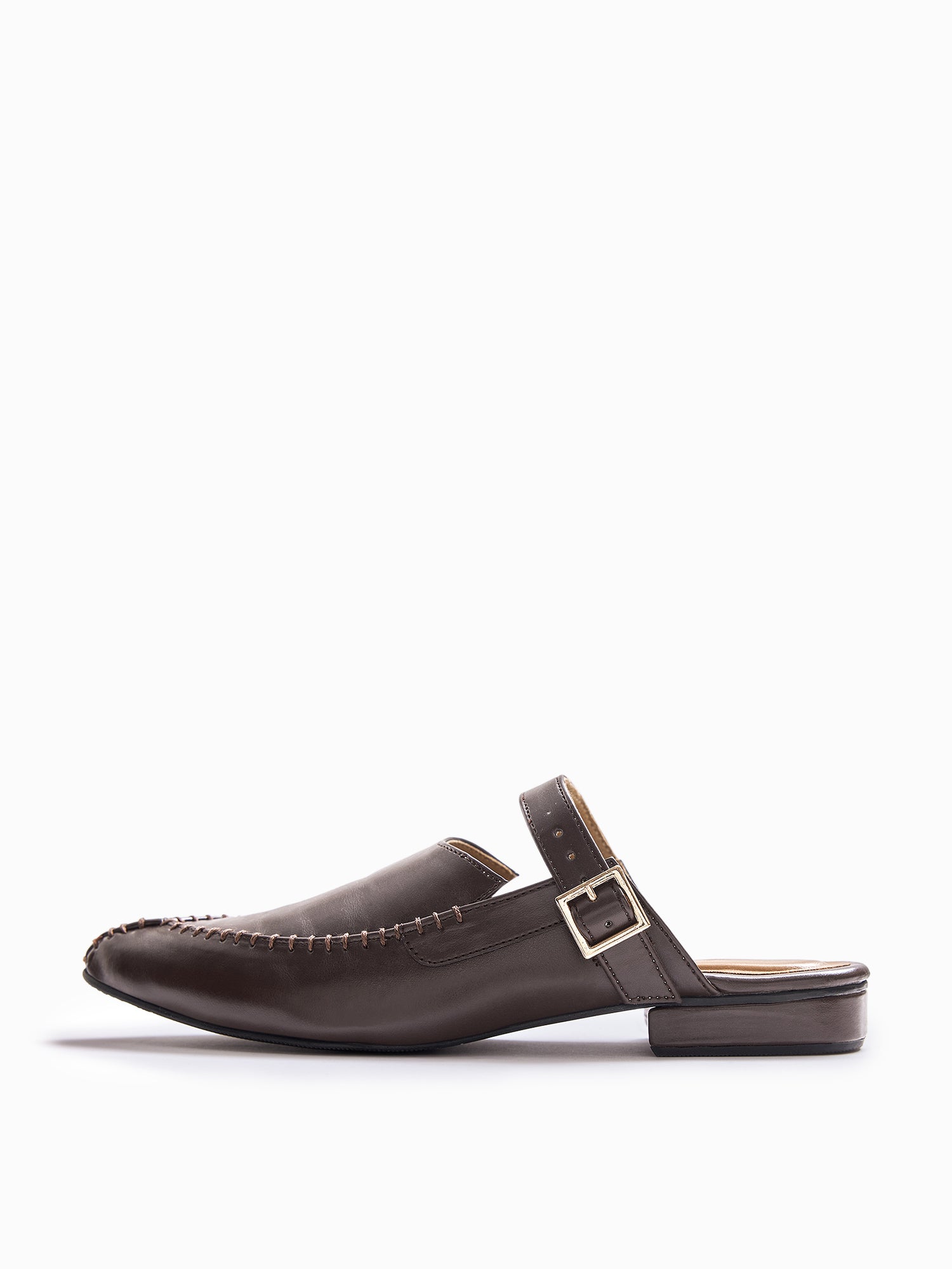 Chocolate Buckle Strap Mules