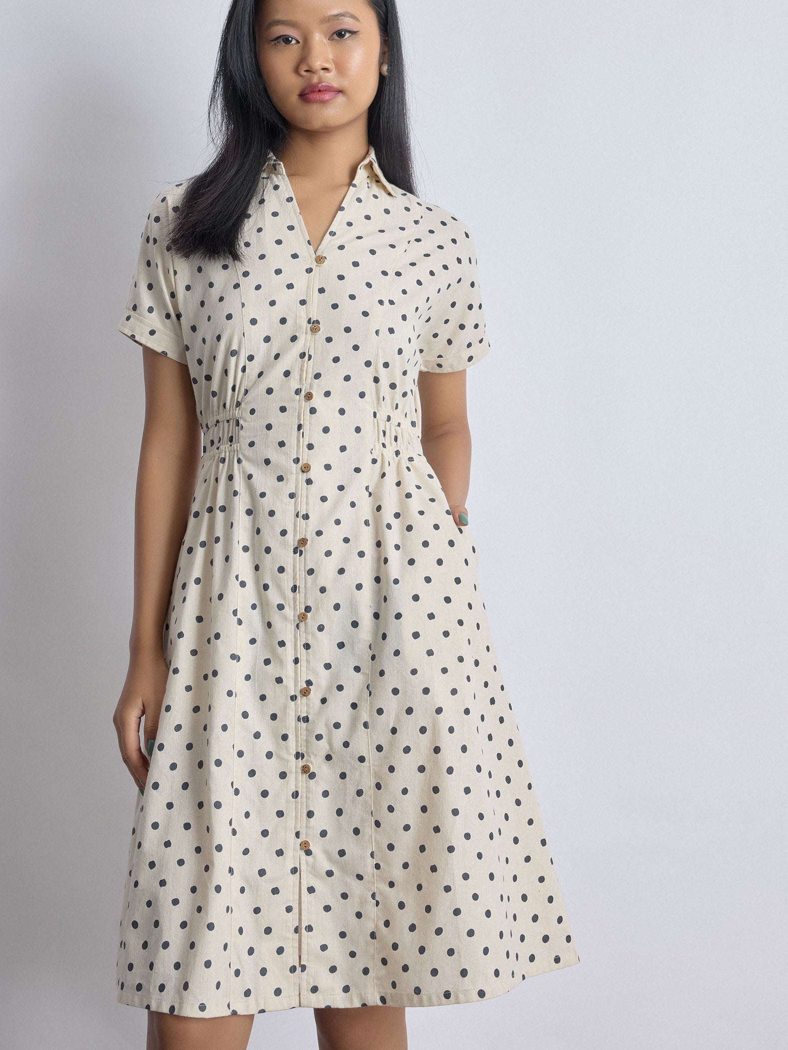 Cream and Blue Polka Midi Dress