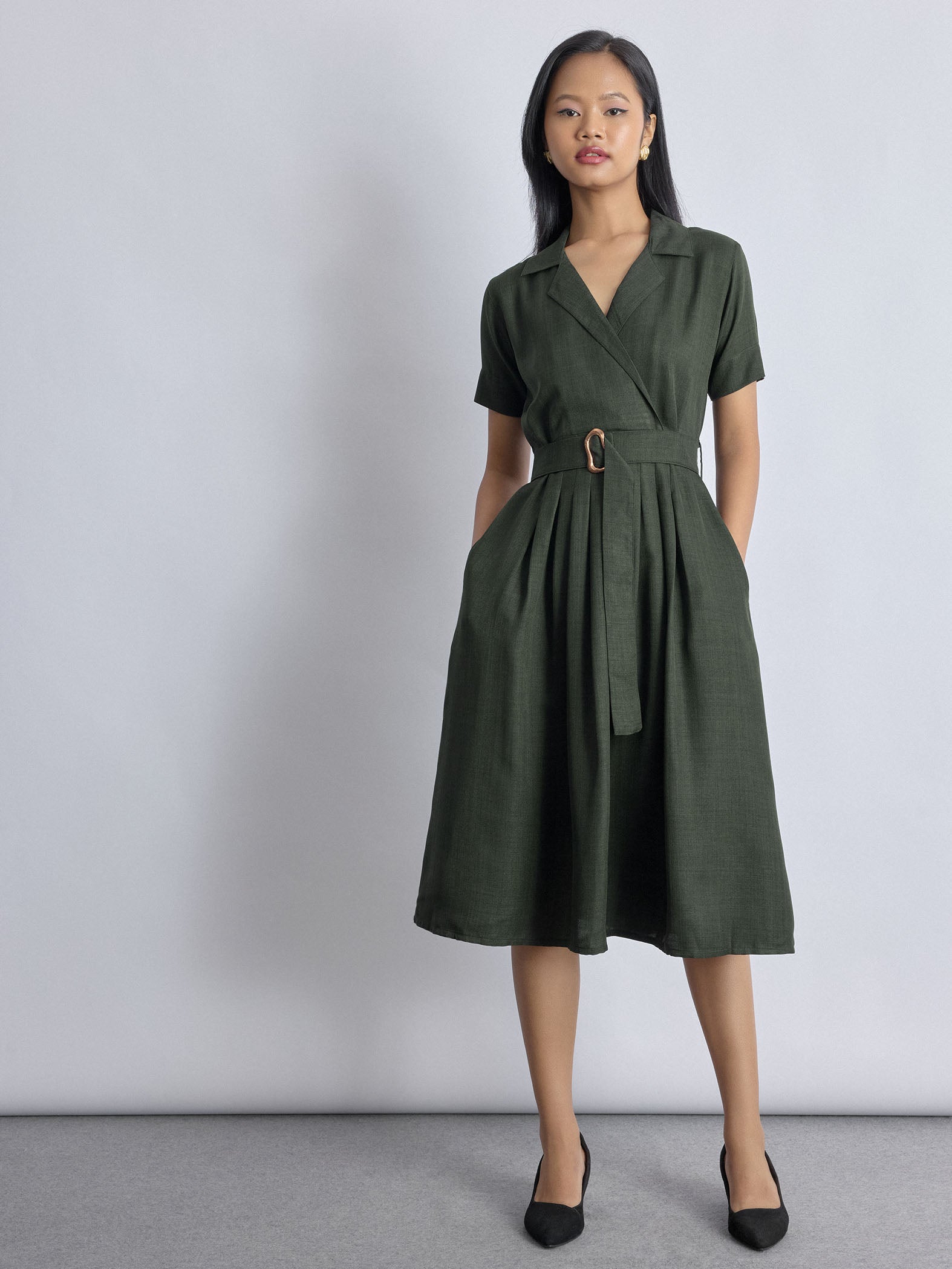 Dark Fern Linen Belted Dress