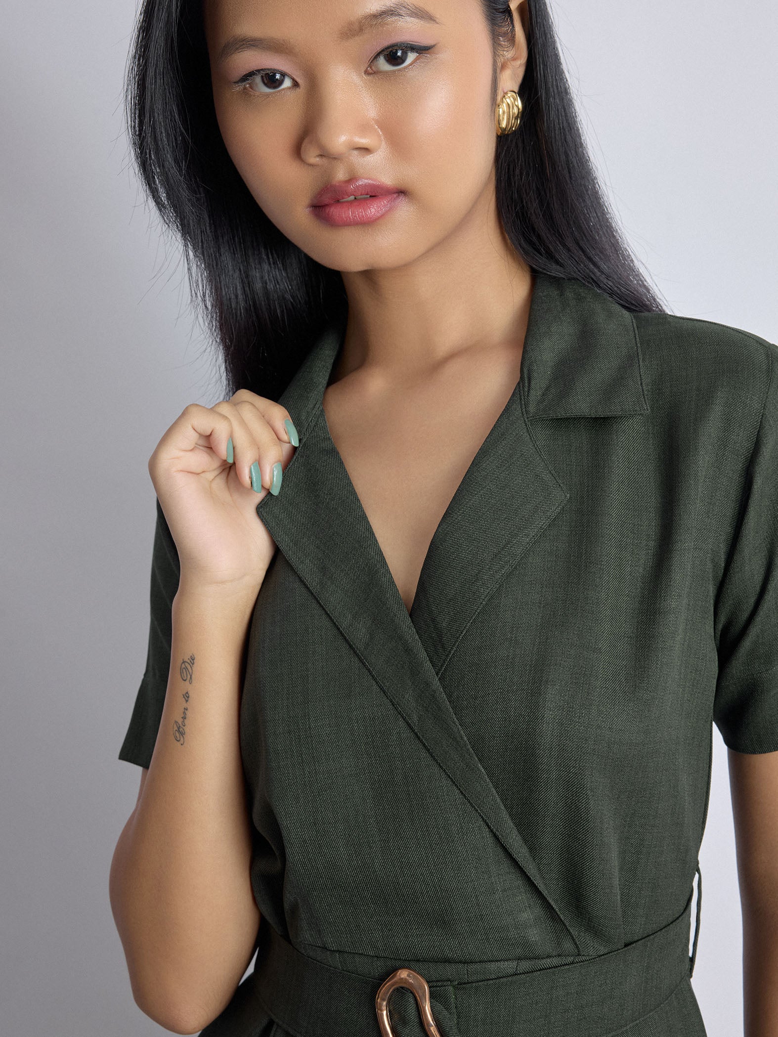Dark Fern Linen Belted Dress