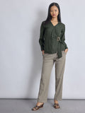 Dark Fern Linen Buckled Wrap Top