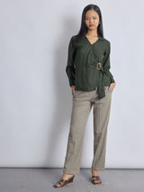 Dark Fern Linen Buckled Wrap Top