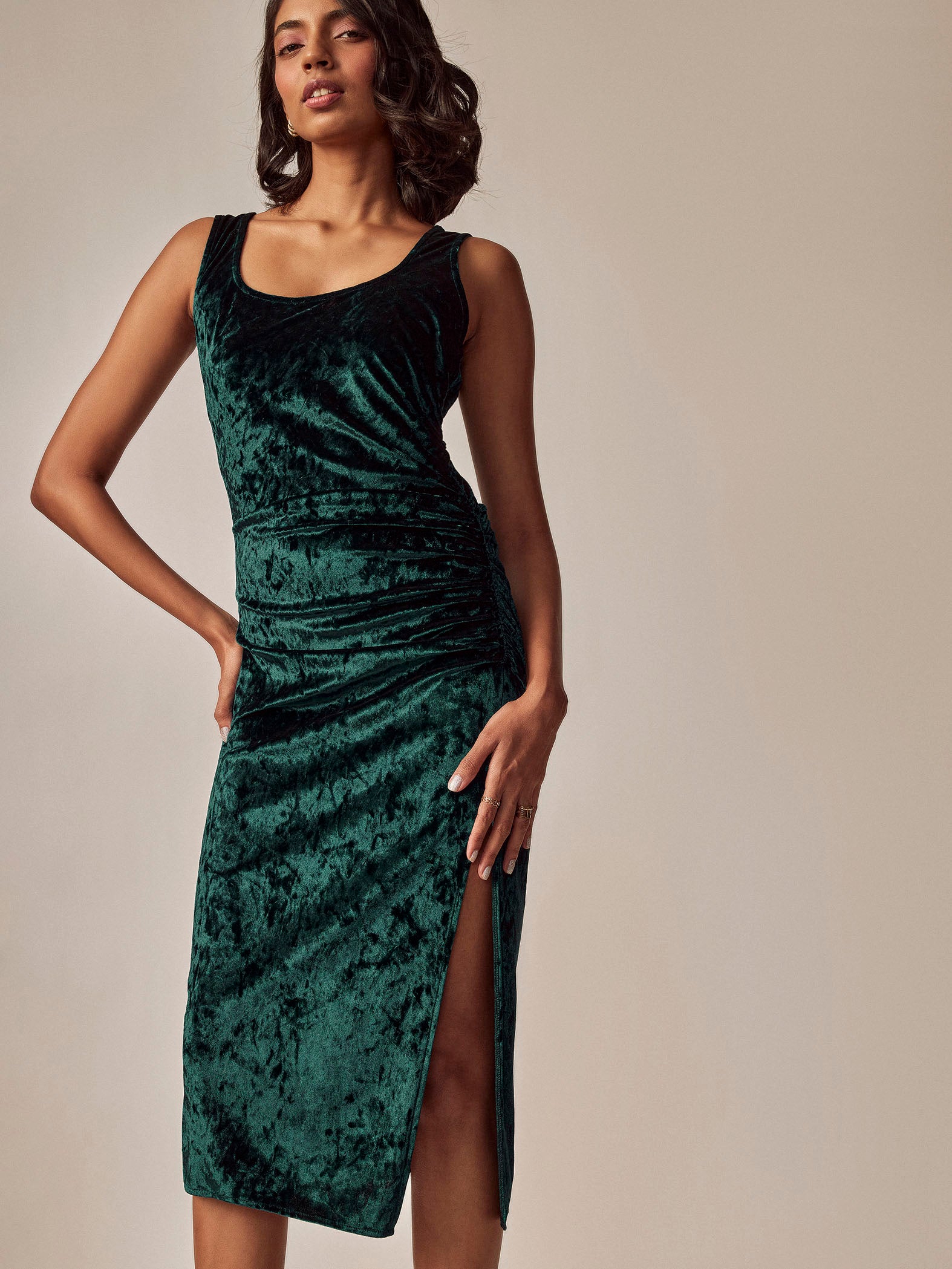Emerald Velvet Gathered Dress
