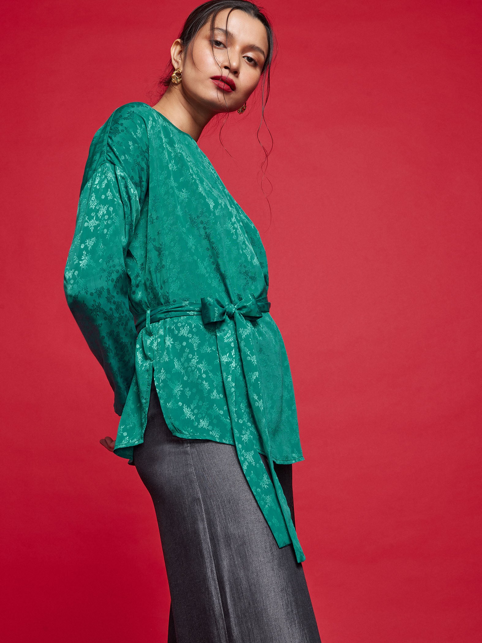 Evergreen Jacquard Belted Top