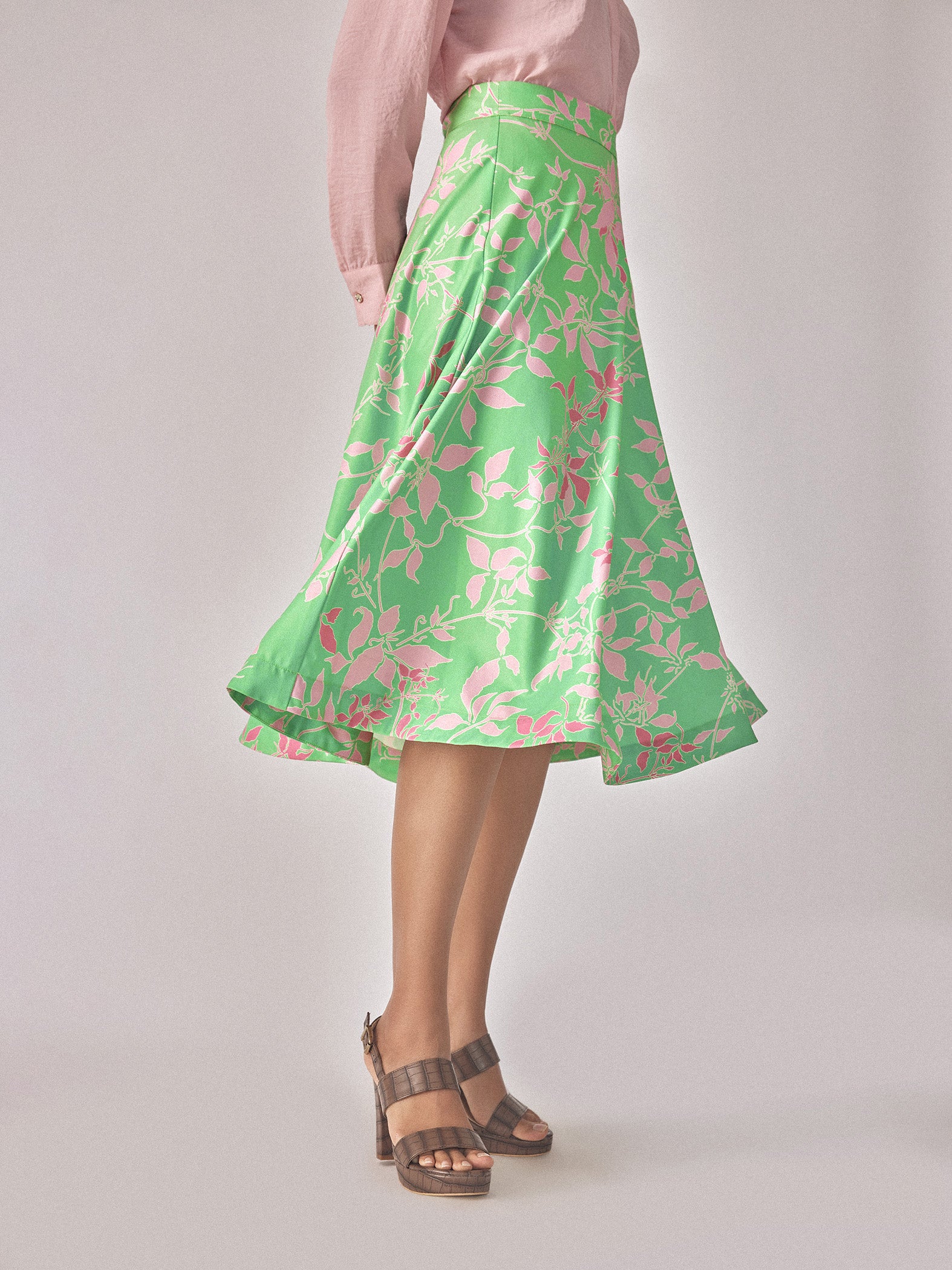 Fern Floral Flared Midi Skirt
