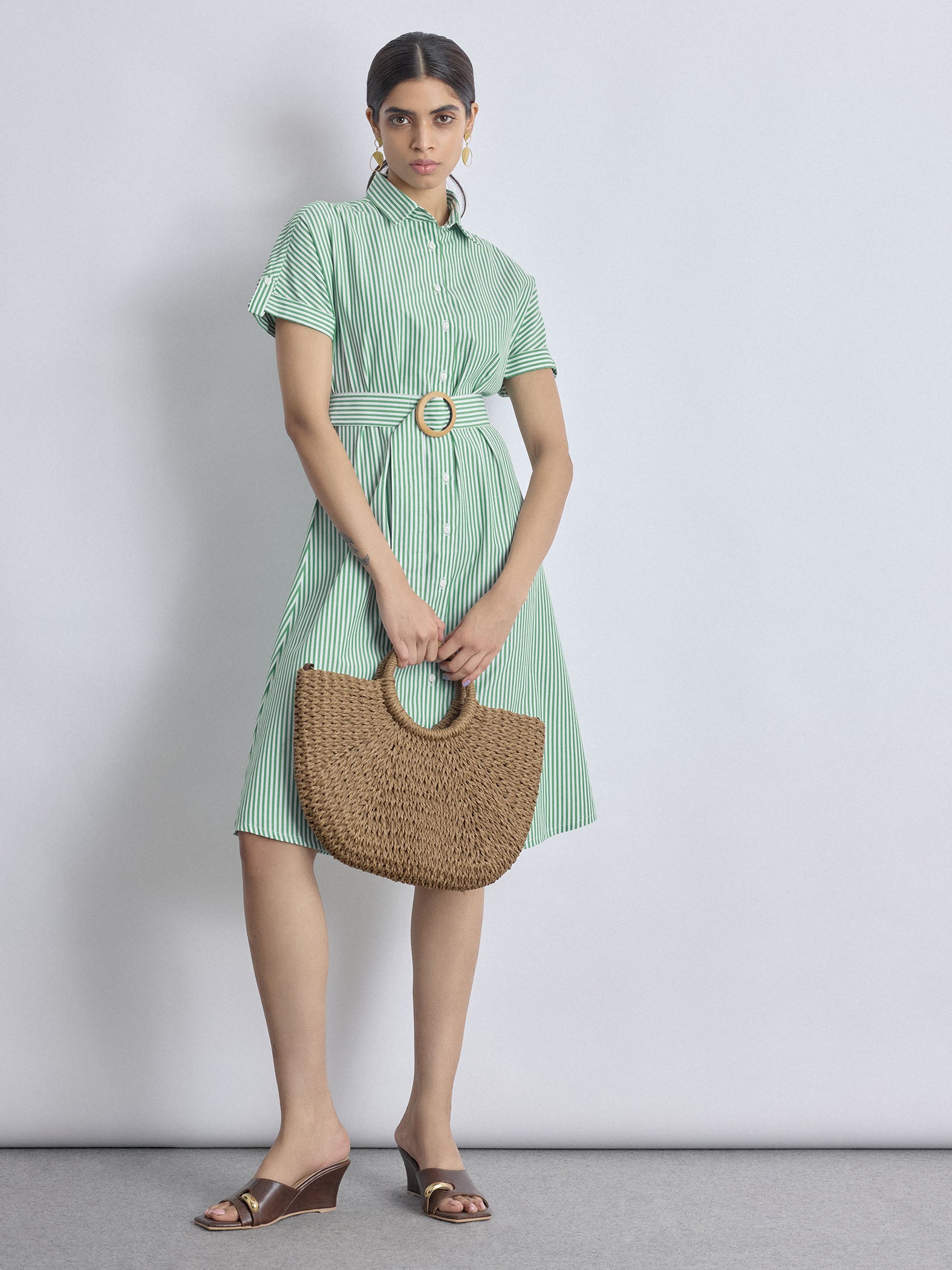 Green Striped Belted Midi Dress