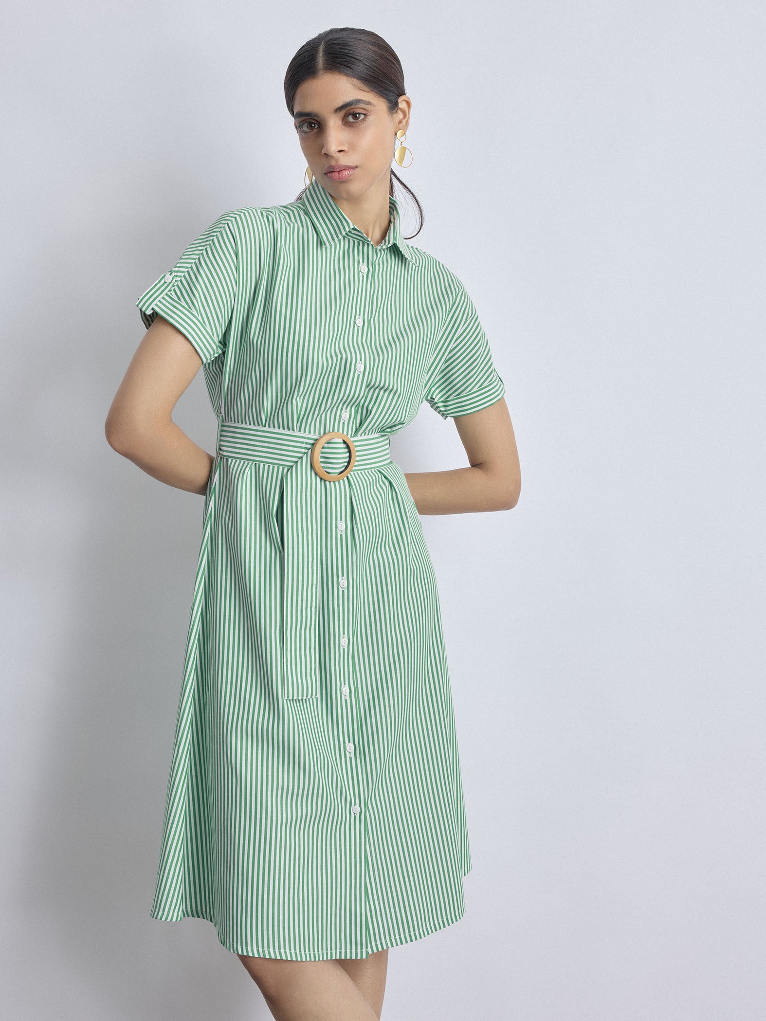 Green Striped Belted Midi Dress
