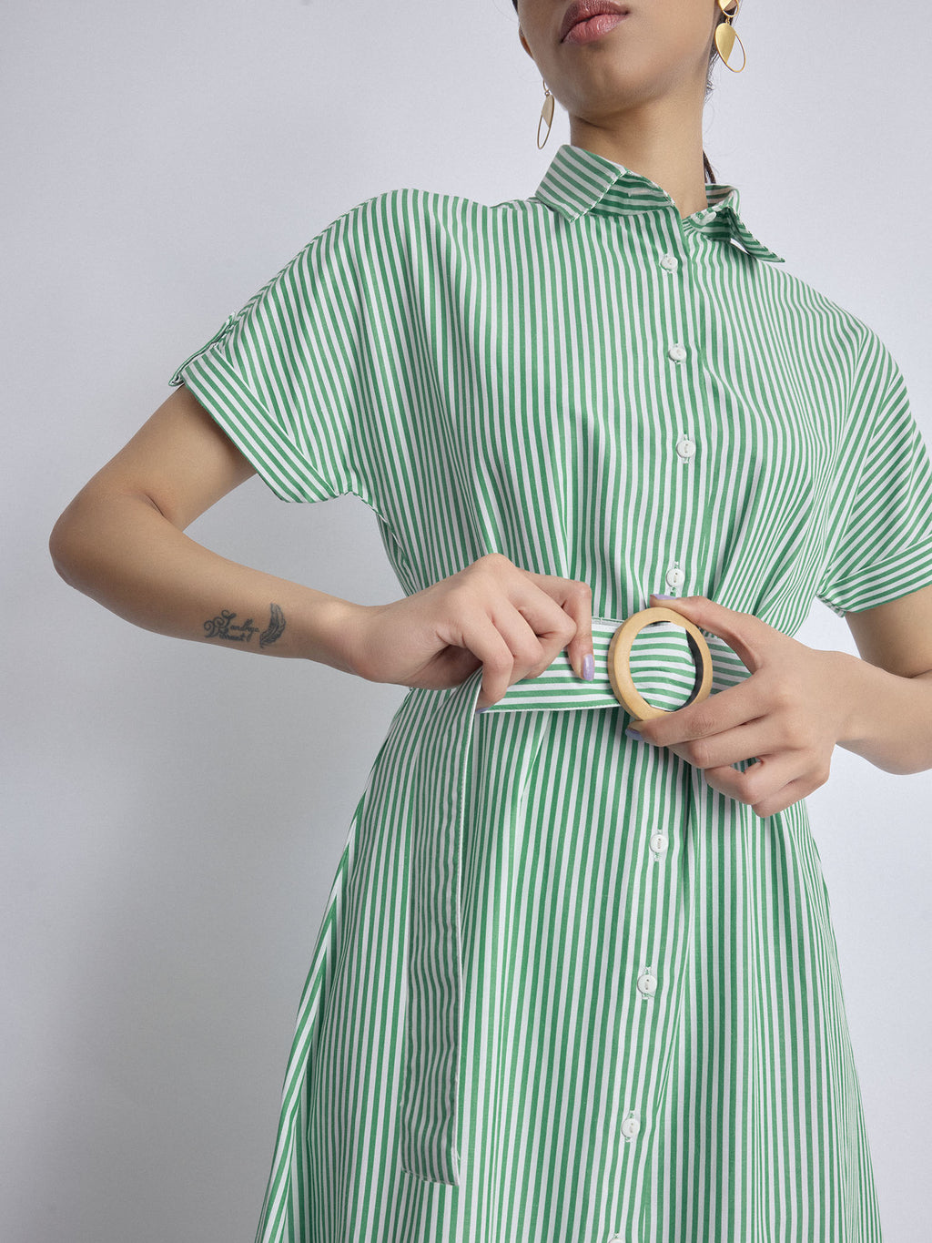 Green Striped Belted Midi Dress