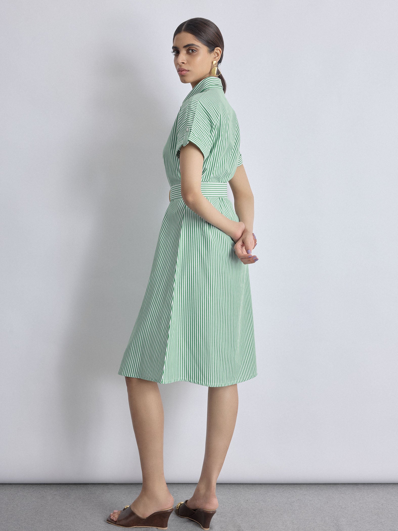 Green Striped Belted Midi Dress