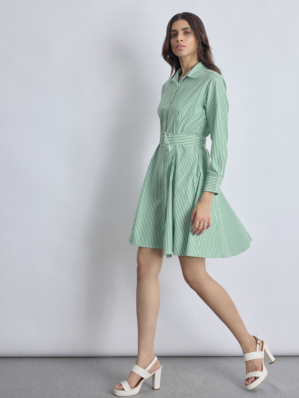 Green Striped Godet Shirt Dress