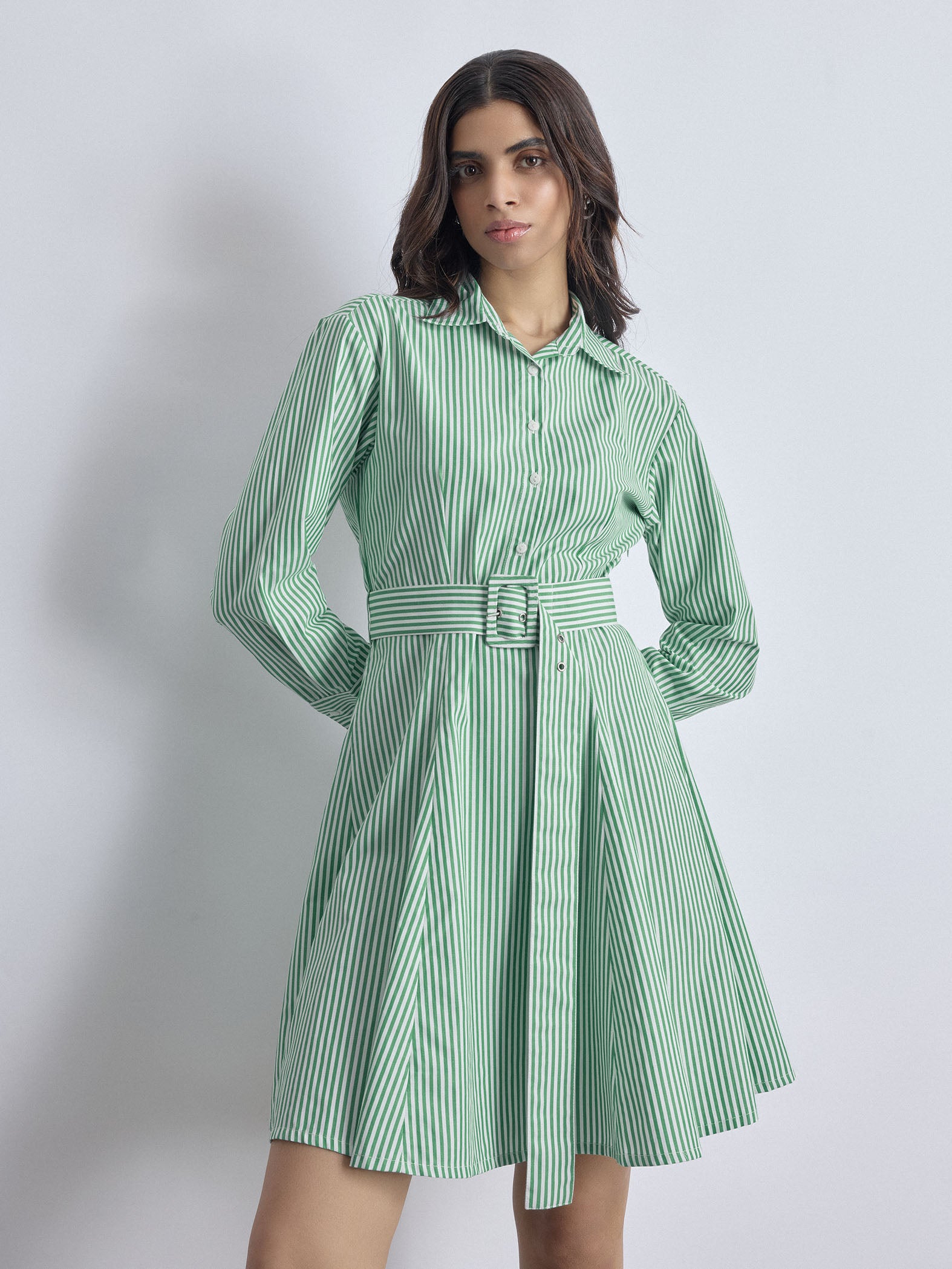 Green Striped Godet Shirt Dress