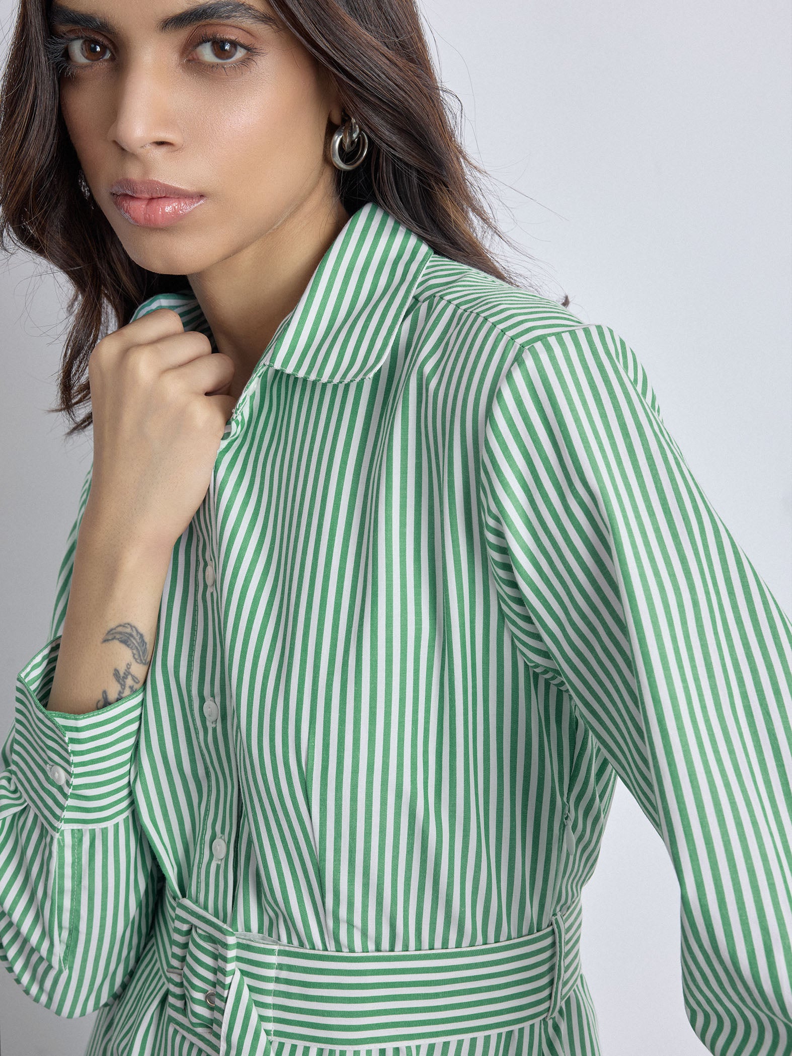 Green Striped Godet Shirt Dress