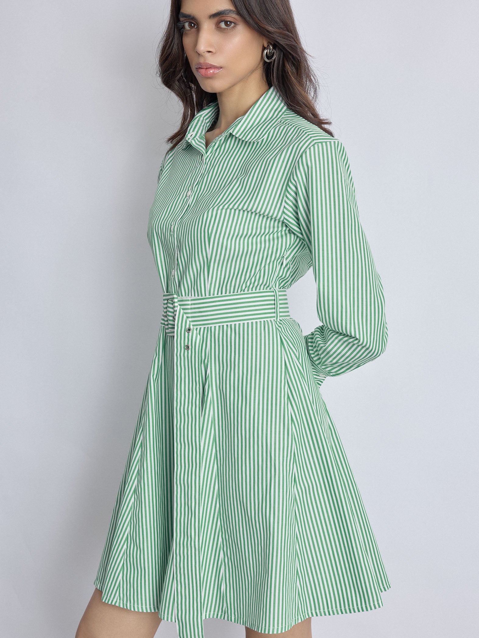 Green Striped Godet Shirt Dress