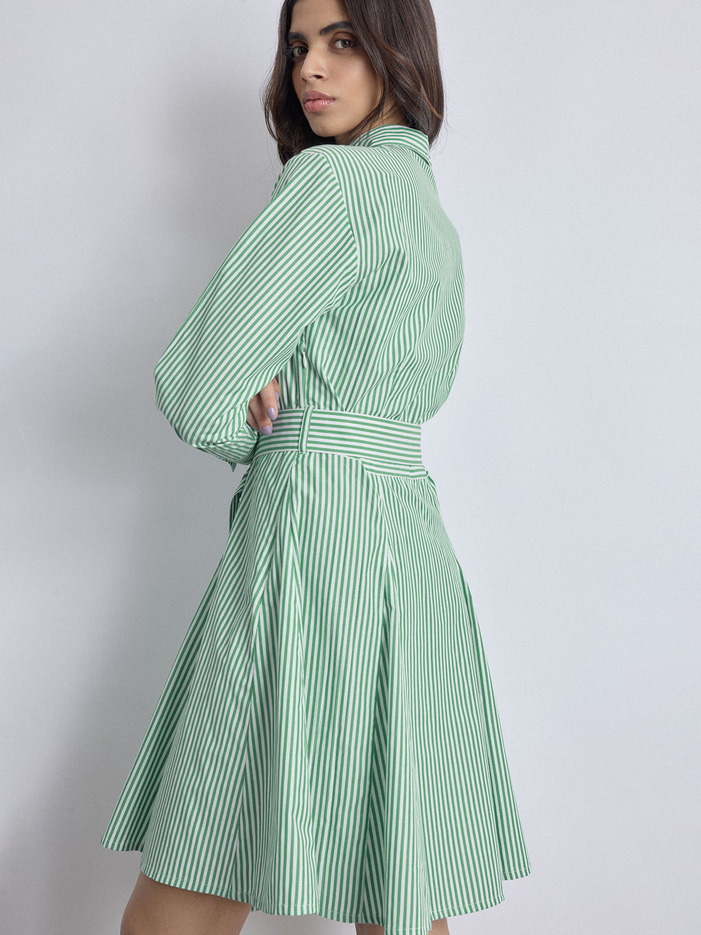Green Striped Godet Shirt Dress