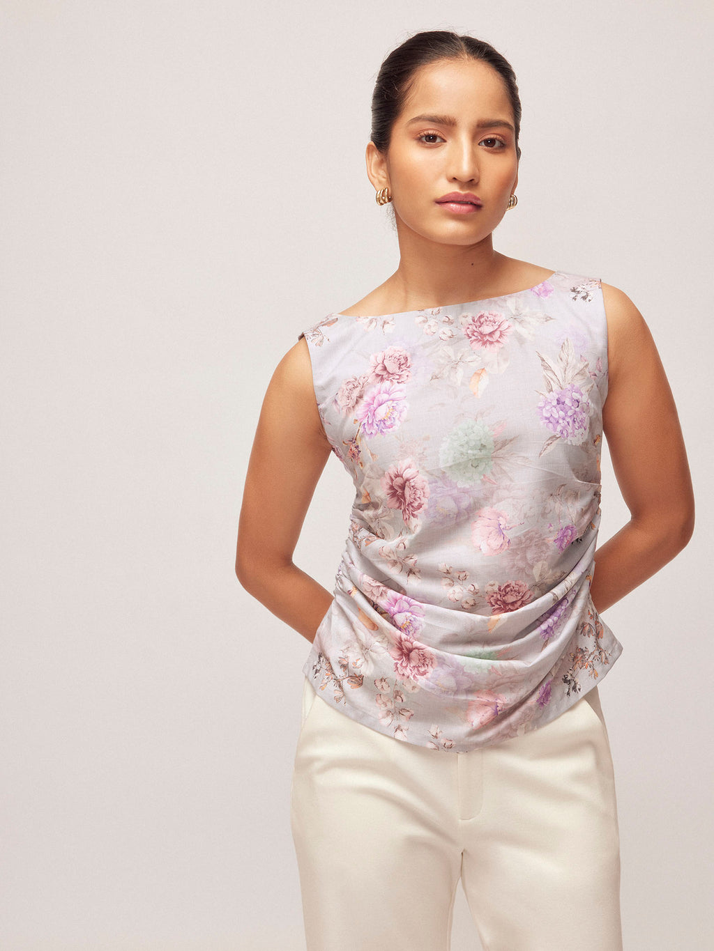Grey Floral Print Ruched Top