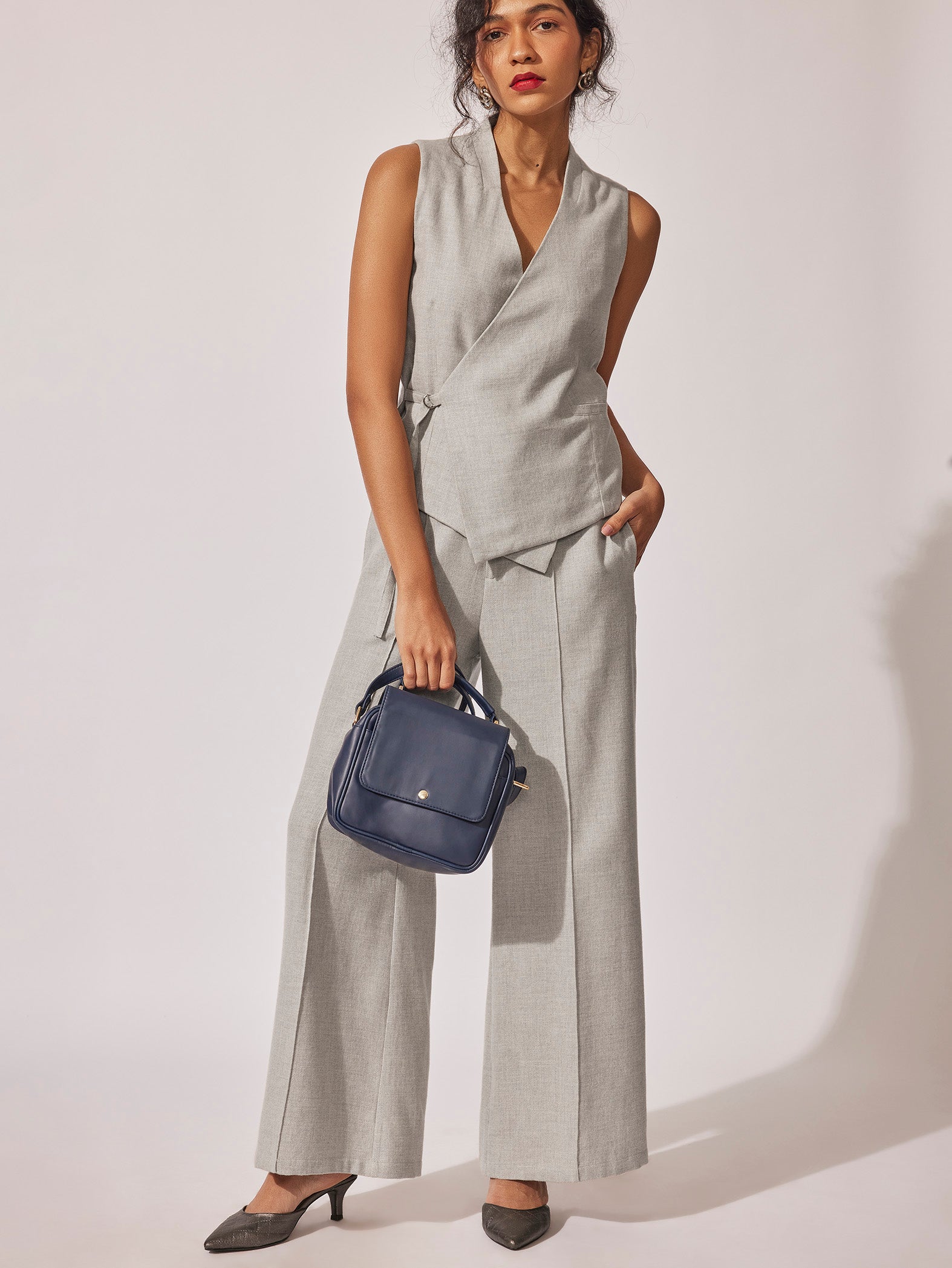 Grey Pintuck Flare Trousers