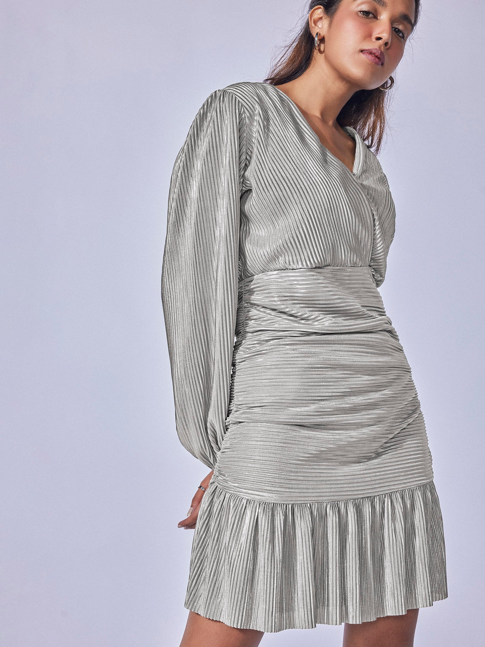 Grey Shimmer Overlap Gathered Dress