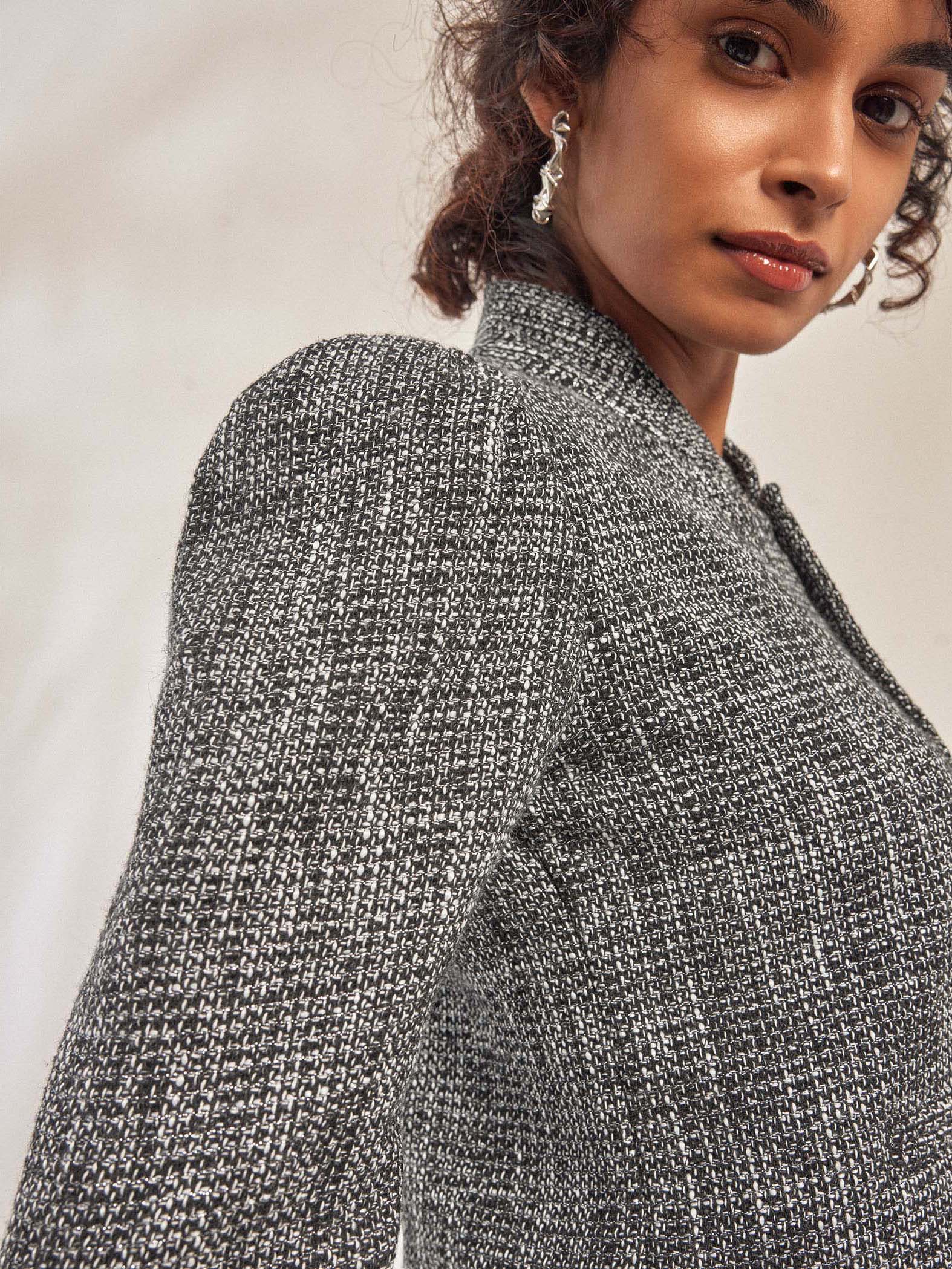 Grey Tweed Puff Sleeve Jacket
