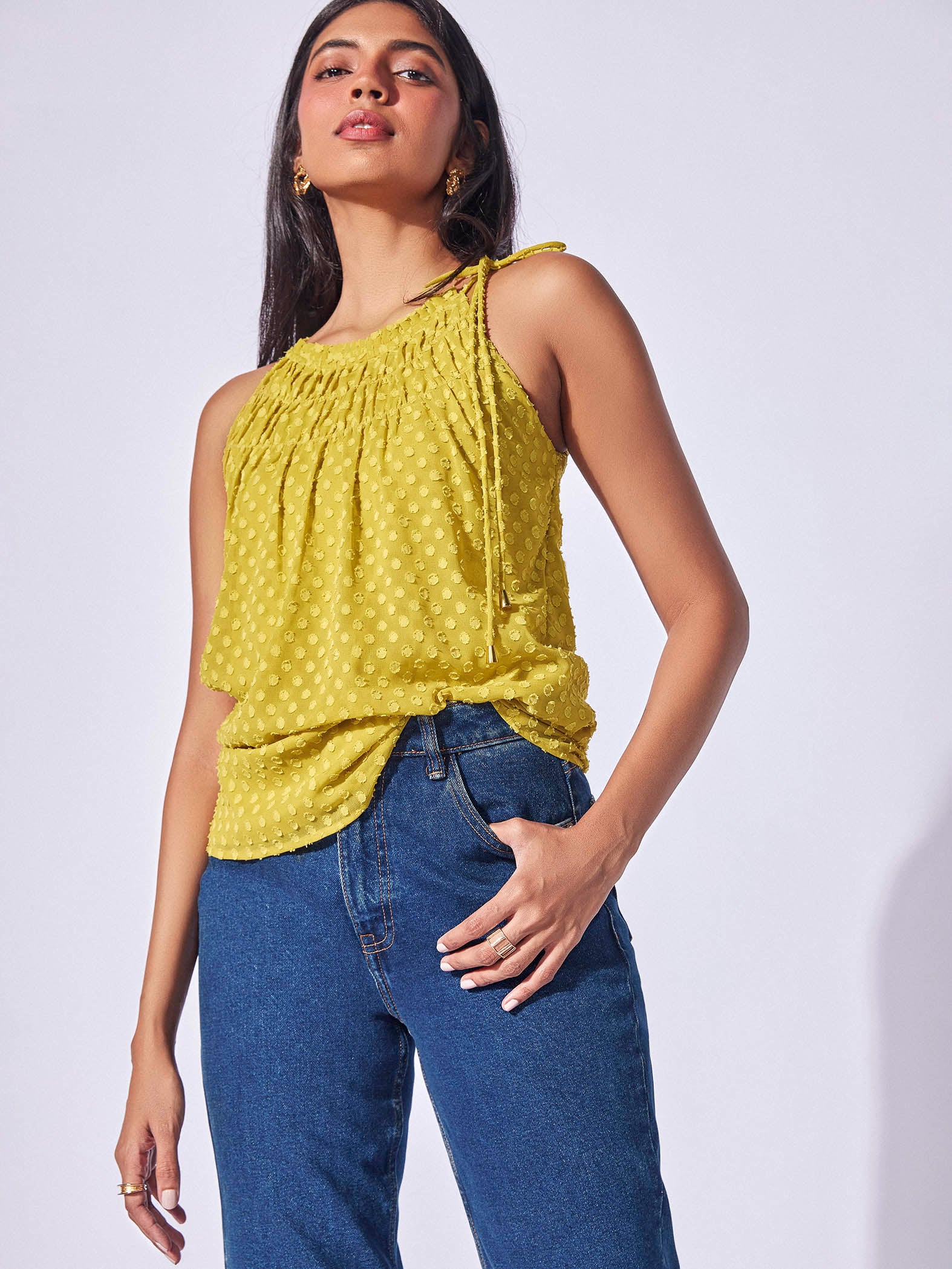Lime Dobby Gathered Neck Top