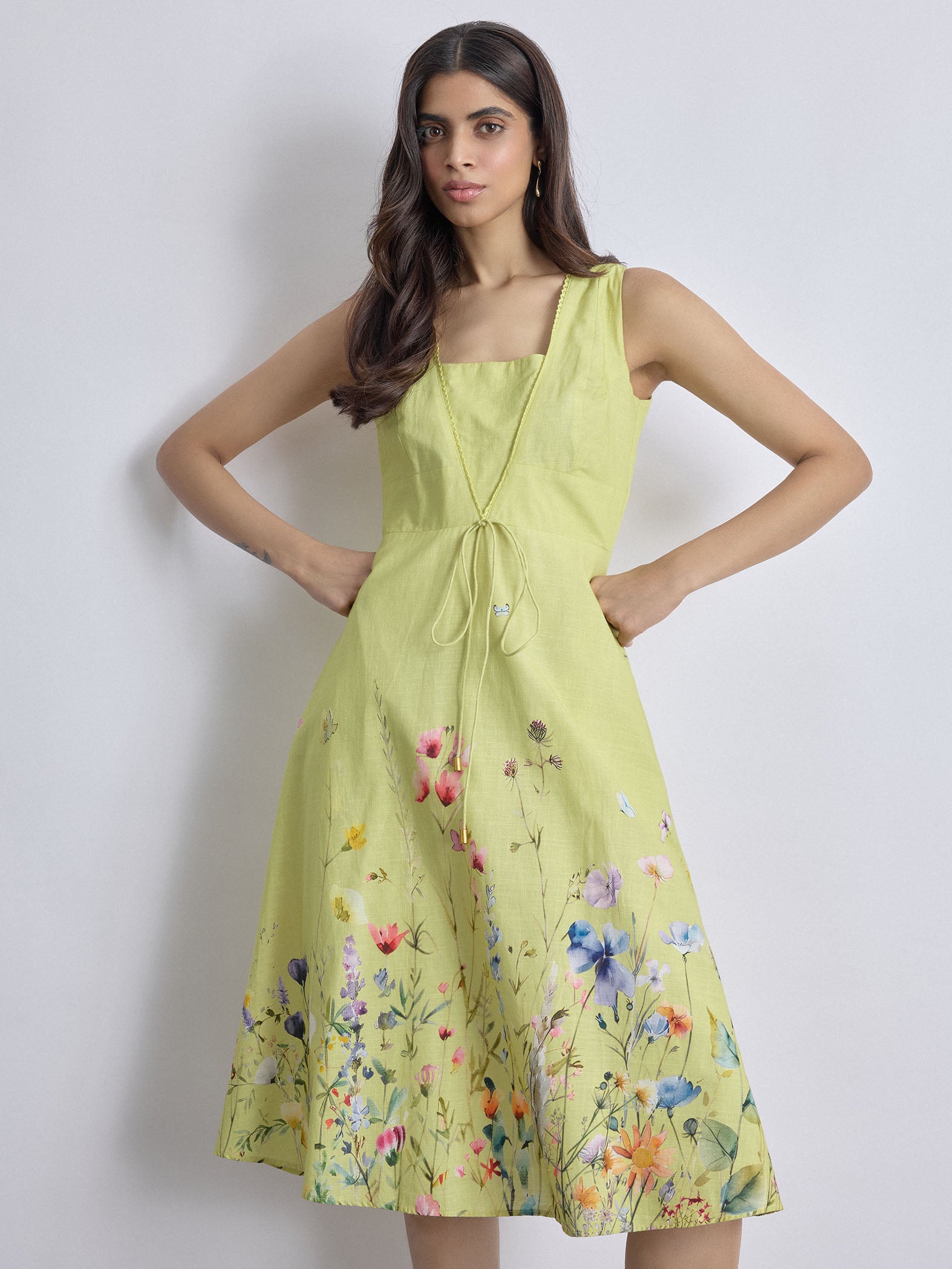 Lime Floral Print A Line Dress