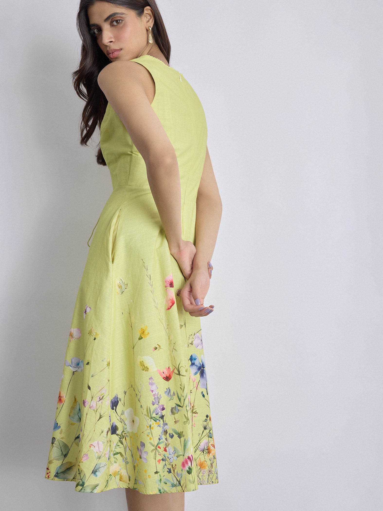 Lime Floral Print A Line Dress