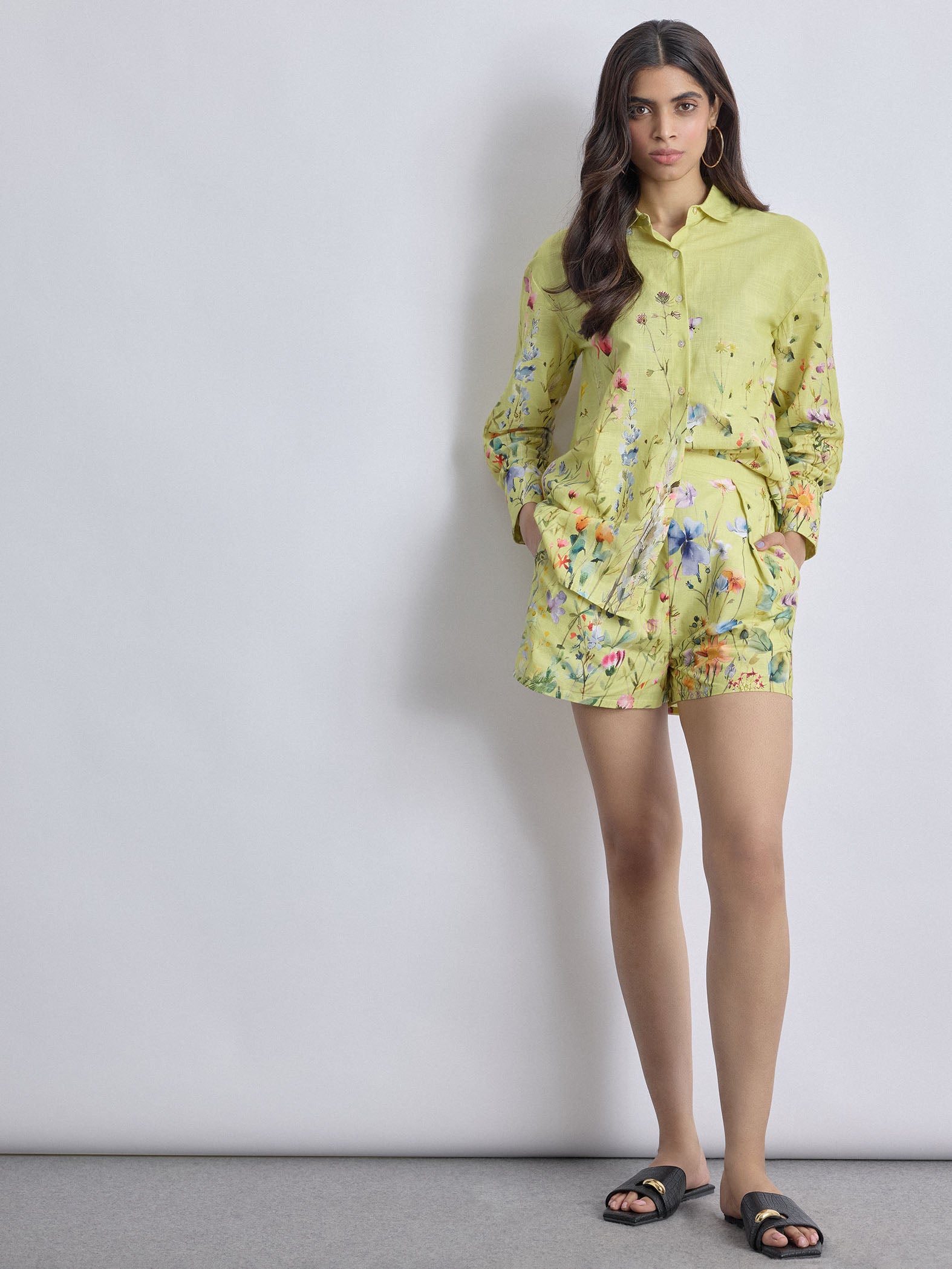Lime Floral Print Pleated Shorts