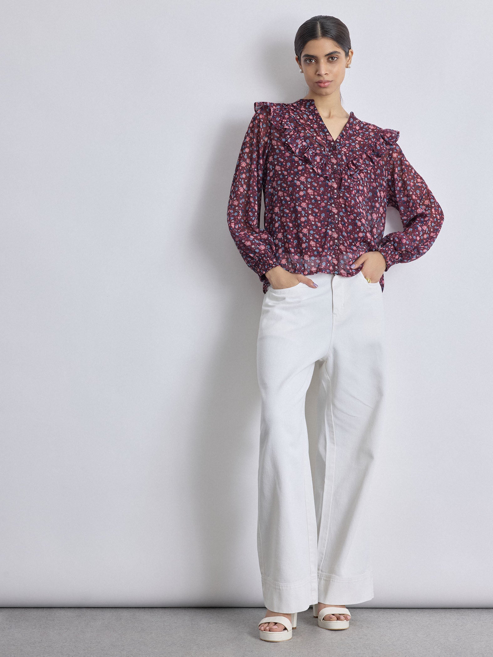 Maroon Ditsy Floral Frilled Shirt