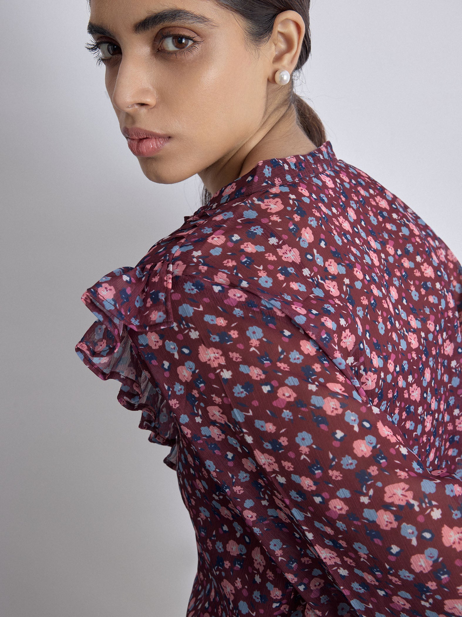 Maroon Ditsy Floral Frilled Shirt