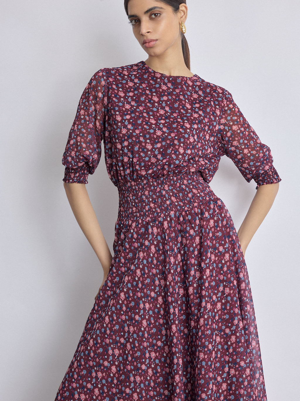 Maroon Ditsy Floral Smocked Dress