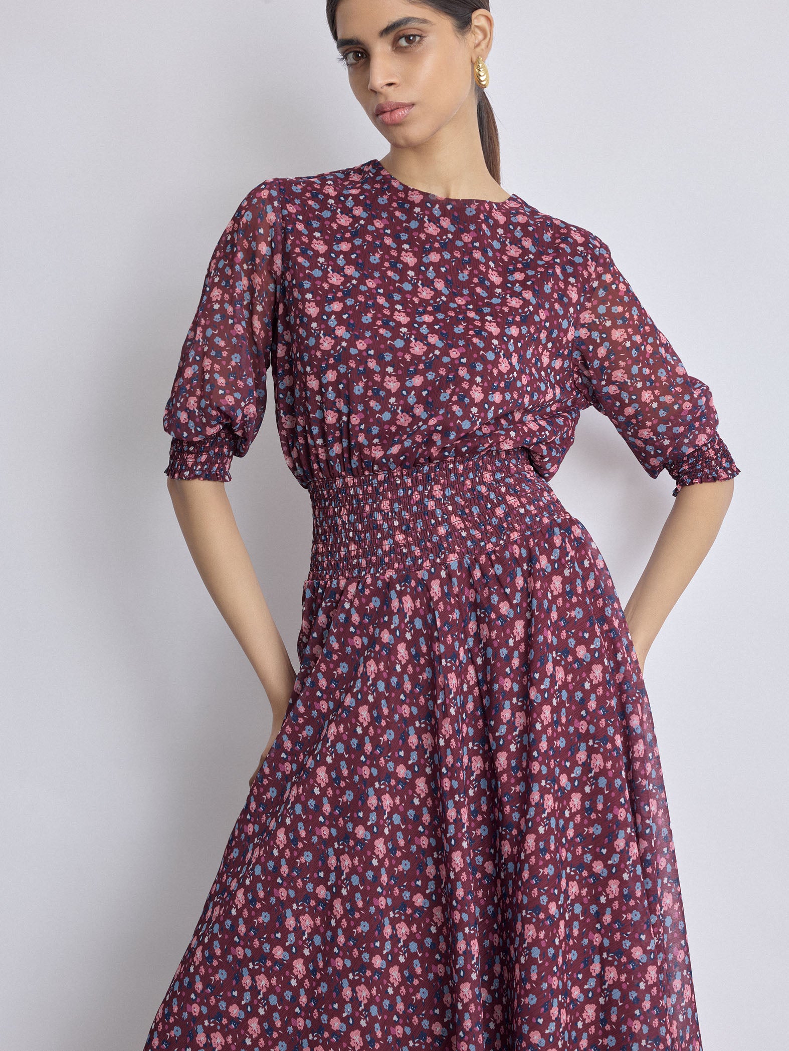 Maroon Ditsy Floral Smocked Dress