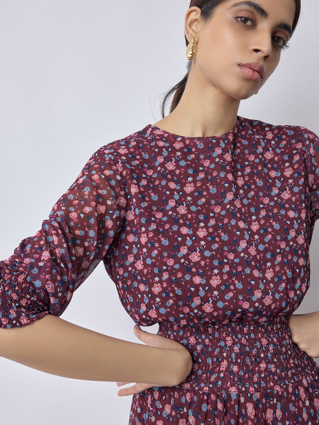 Maroon Ditsy Floral Smocked Dress