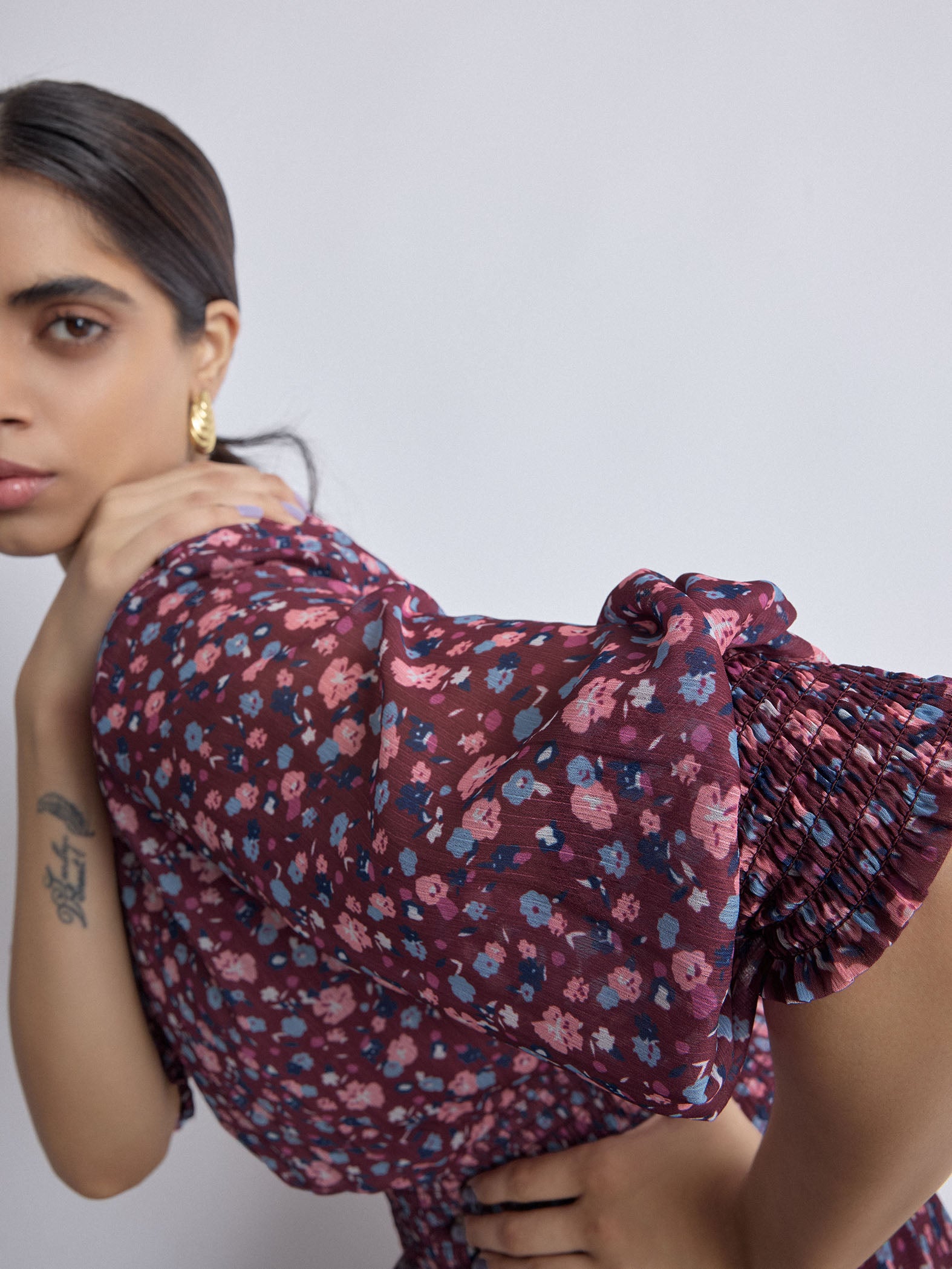 Maroon Ditsy Floral Smocked Dress