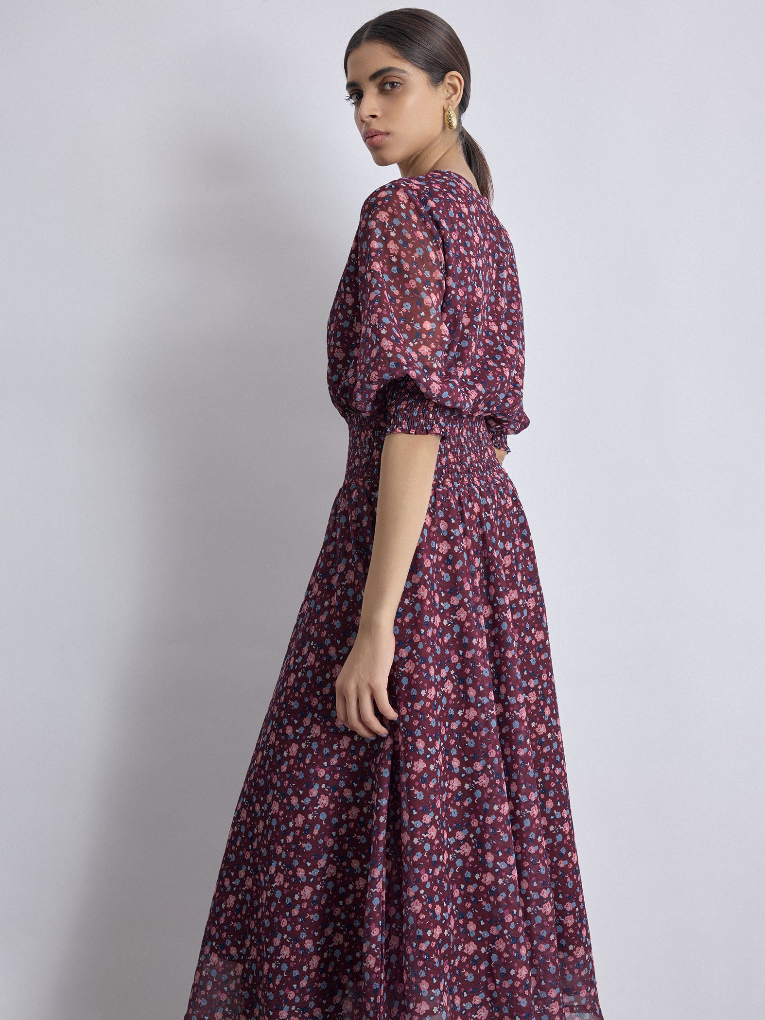 Maroon Ditsy Floral Smocked Dress