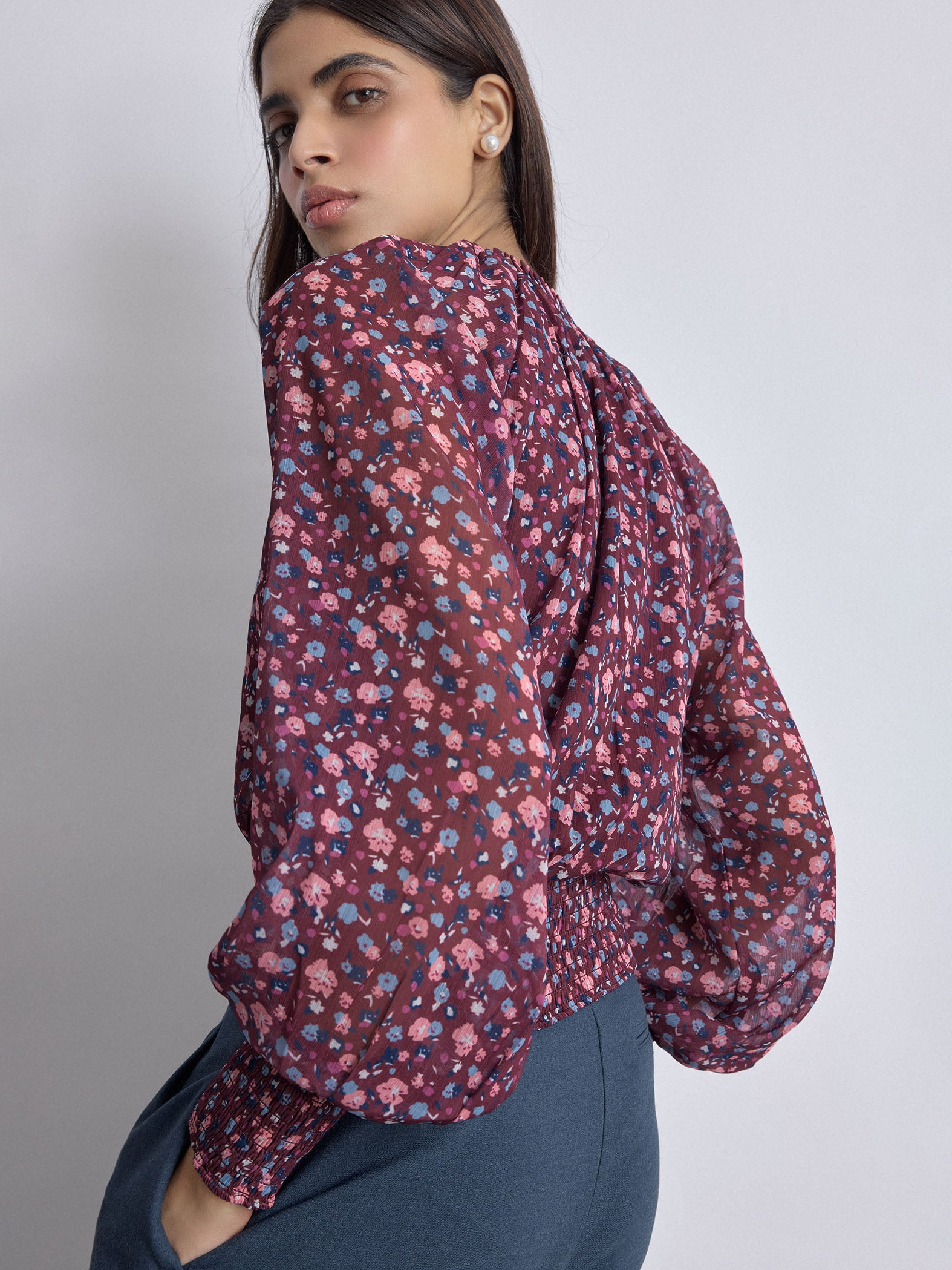 Maroon Ditsy Floral Smocked Top