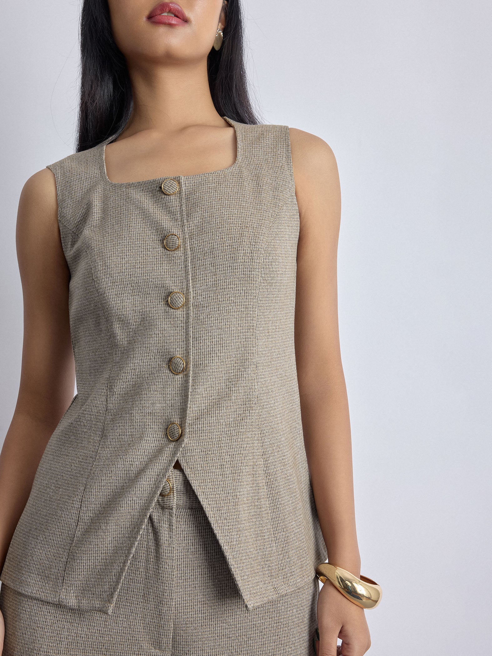 Mocha Textured Long Waistcoat