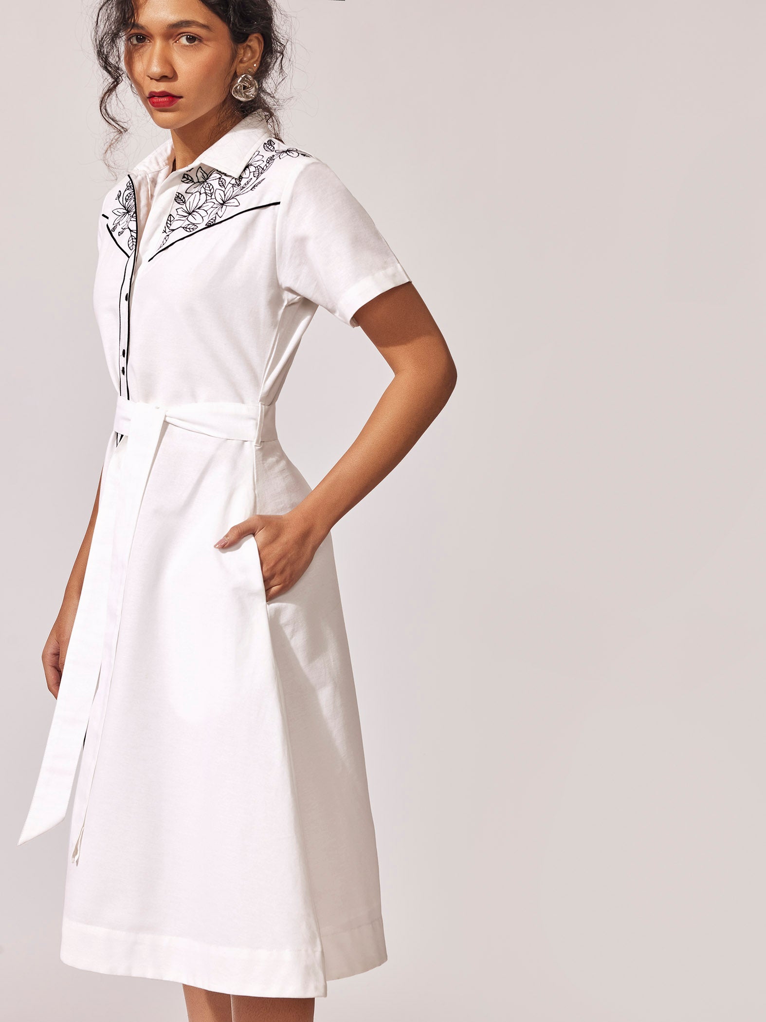 Monochrome Embroidered Shirt Dress