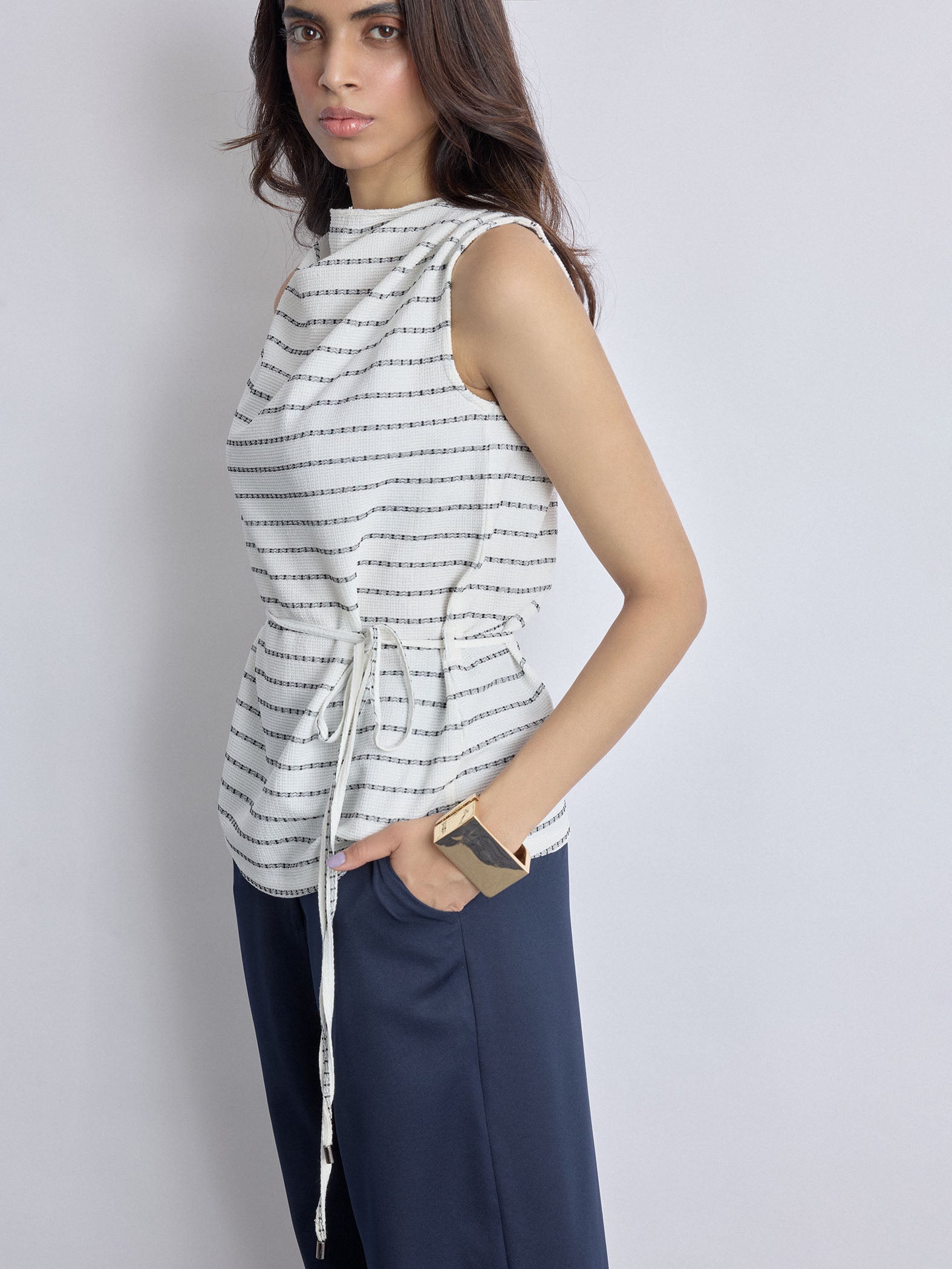 Monochrome Textured Cowl Neck Top