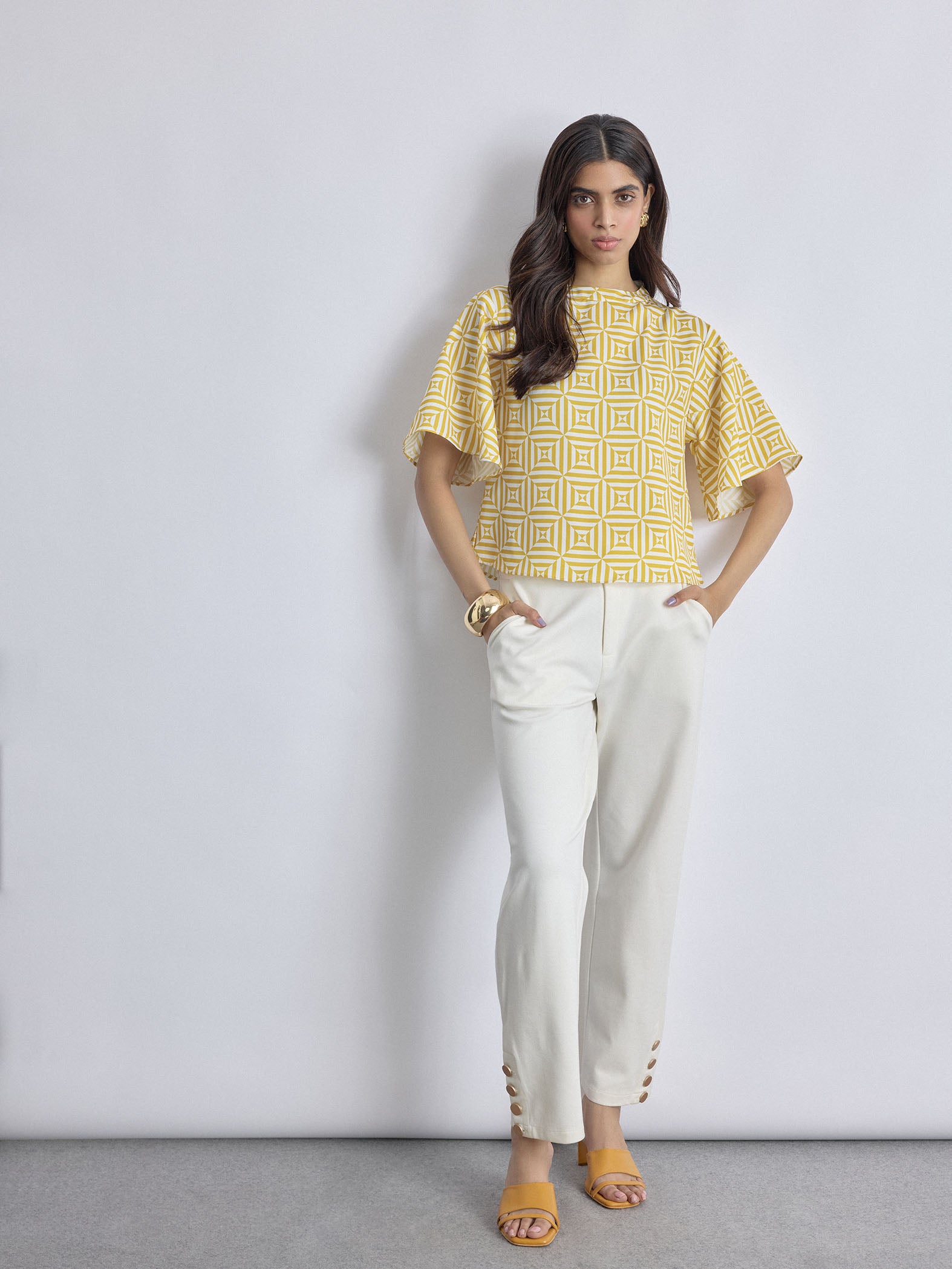 Mustard Geo Print Cropped Top