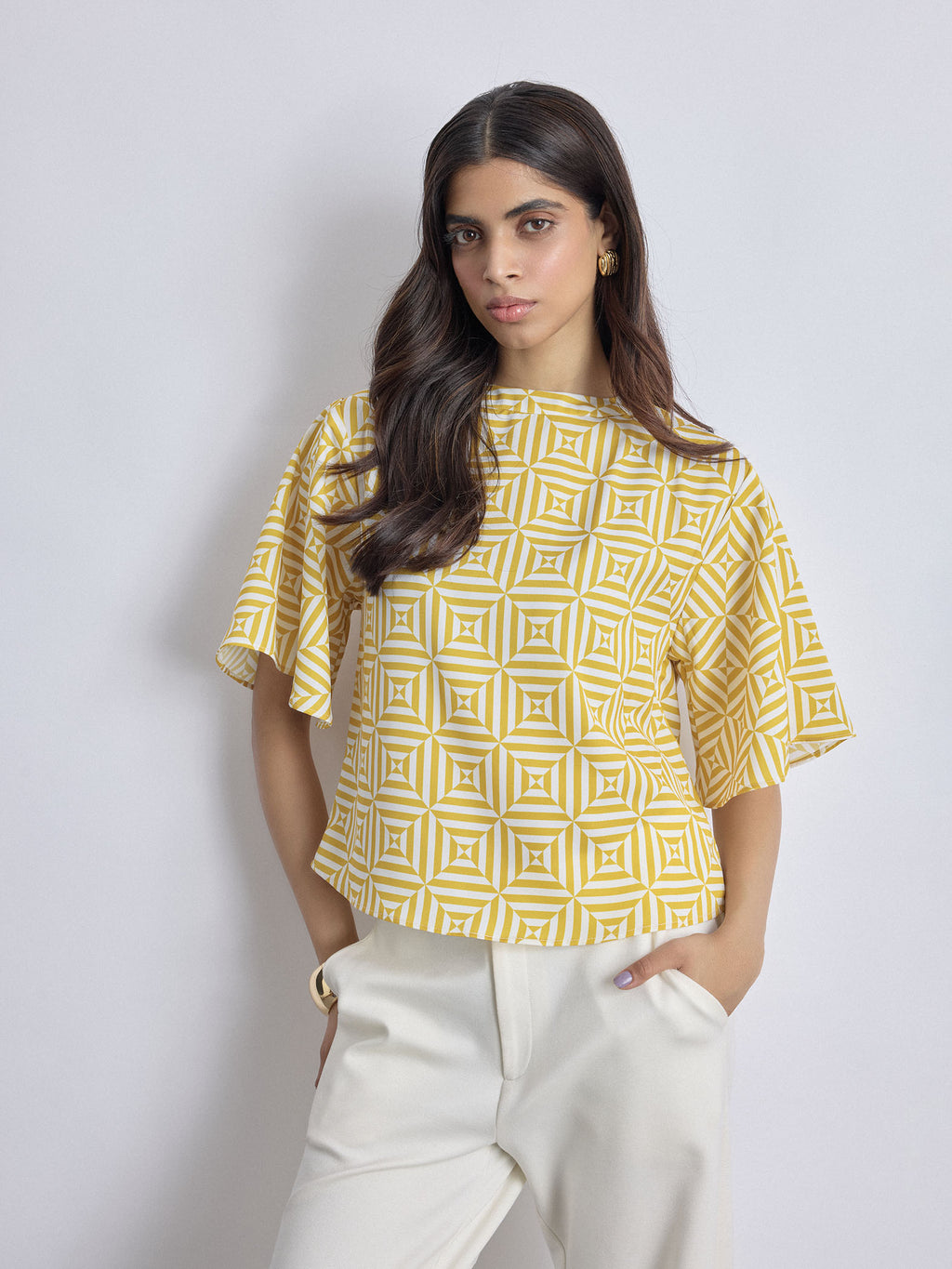 Mustard Geo Print Cropped Top