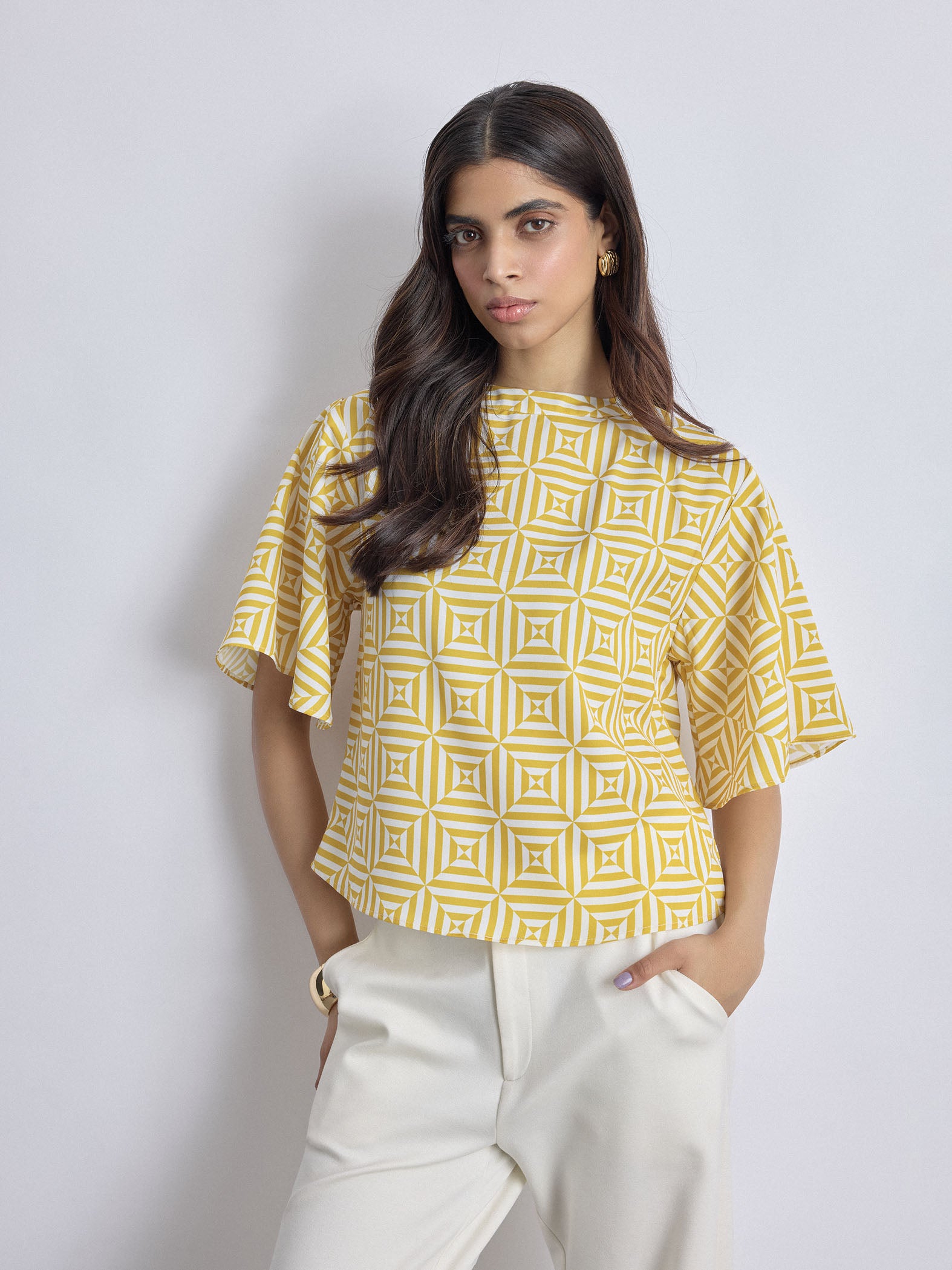 Mustard Geo Print Cropped Top