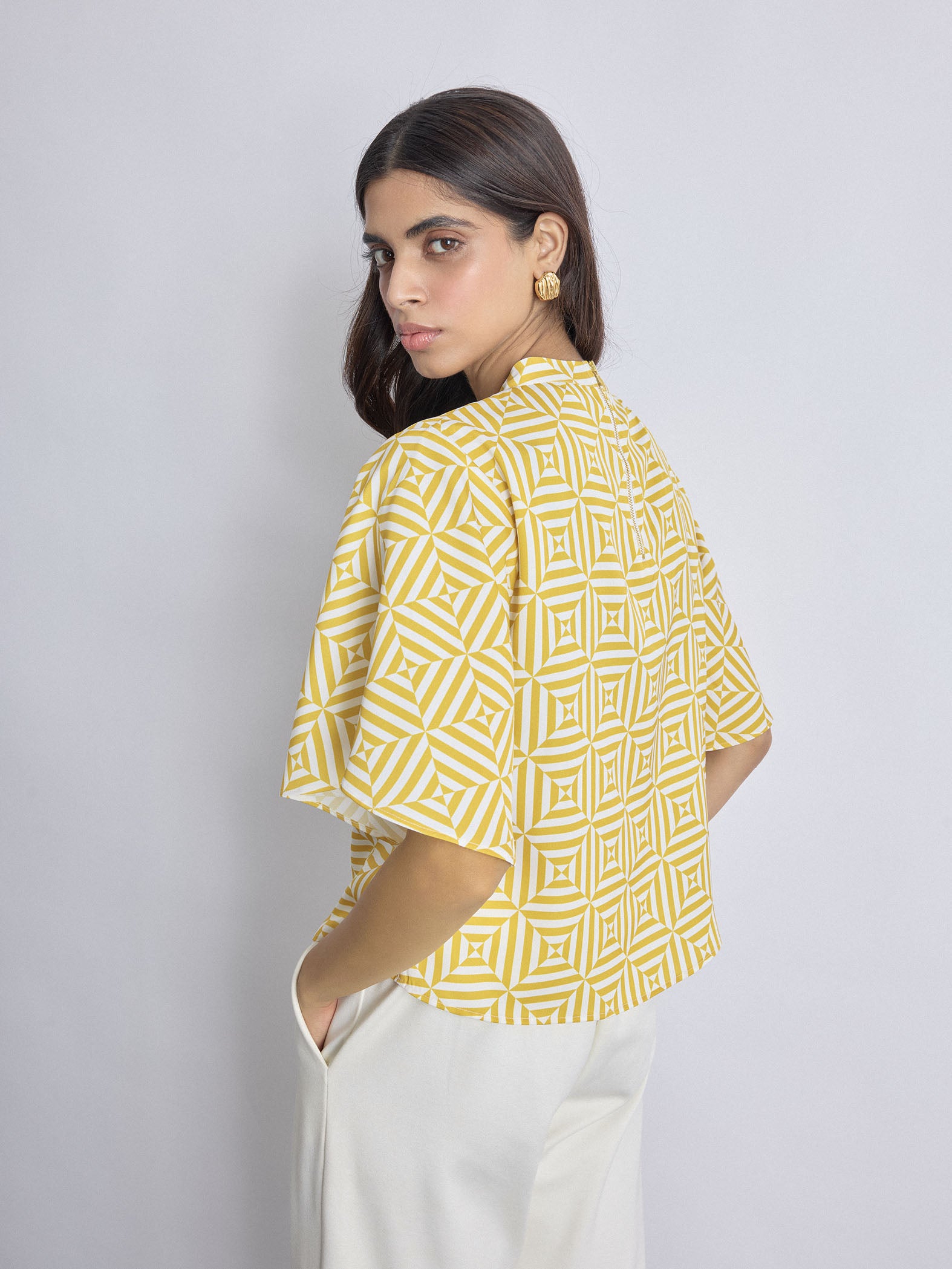 Mustard Geo Print Cropped Top